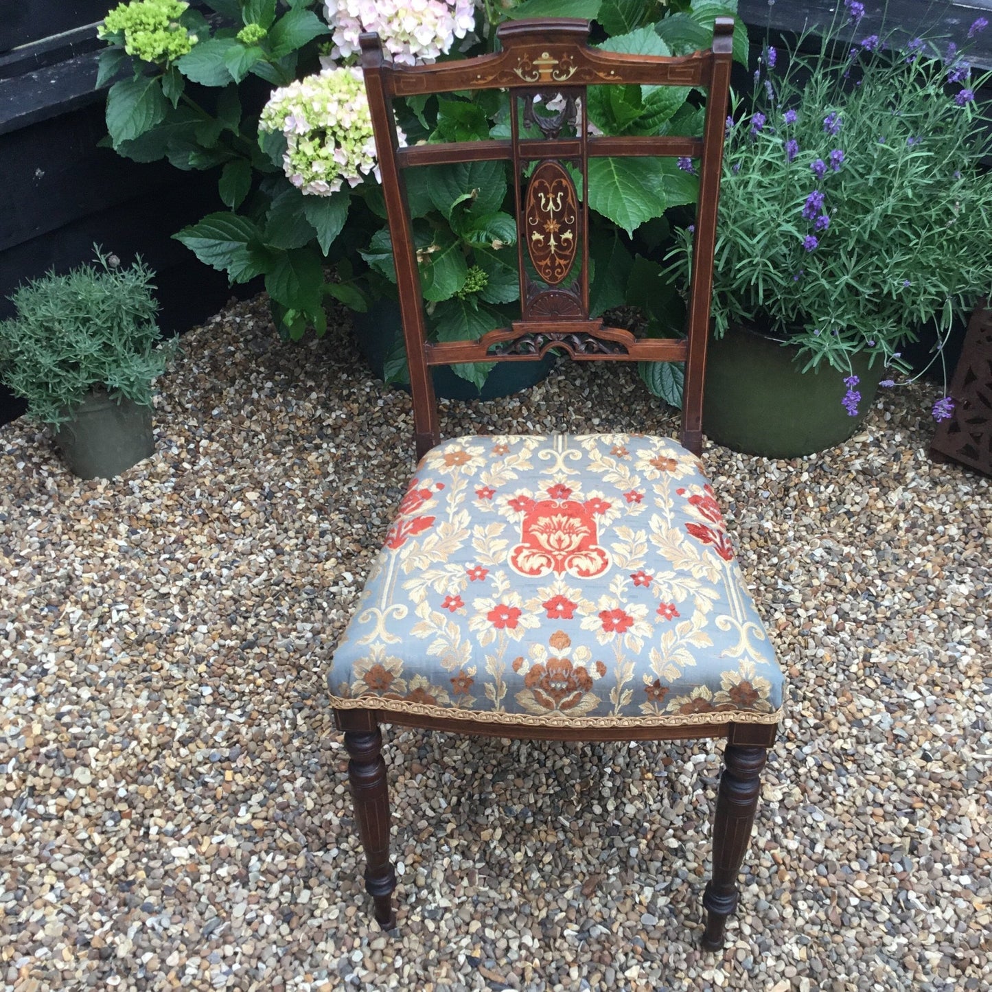 Edwardian rosewood bedroom chairs which have been newly upholstered in Jim Dickens fabric