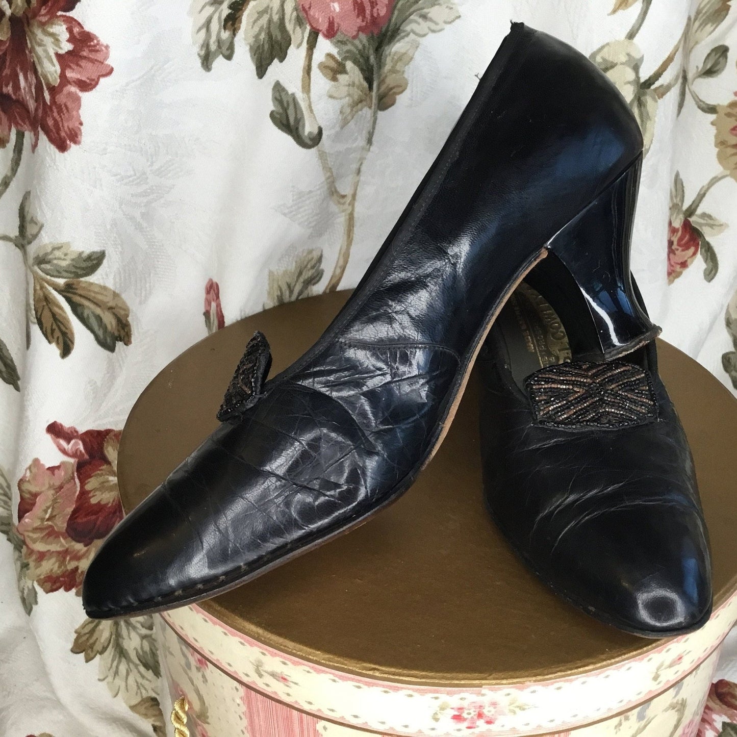 Antique Beaded Black Leather Shoes: 1920s R.L. Cowley & Son - Splendid Vintage World