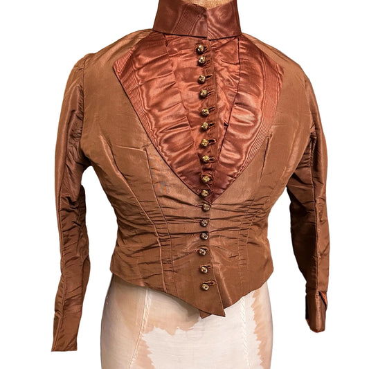 Antique bodice brown copper moire silk, glass buttons on mannequin against white background - Splendid Vintage World