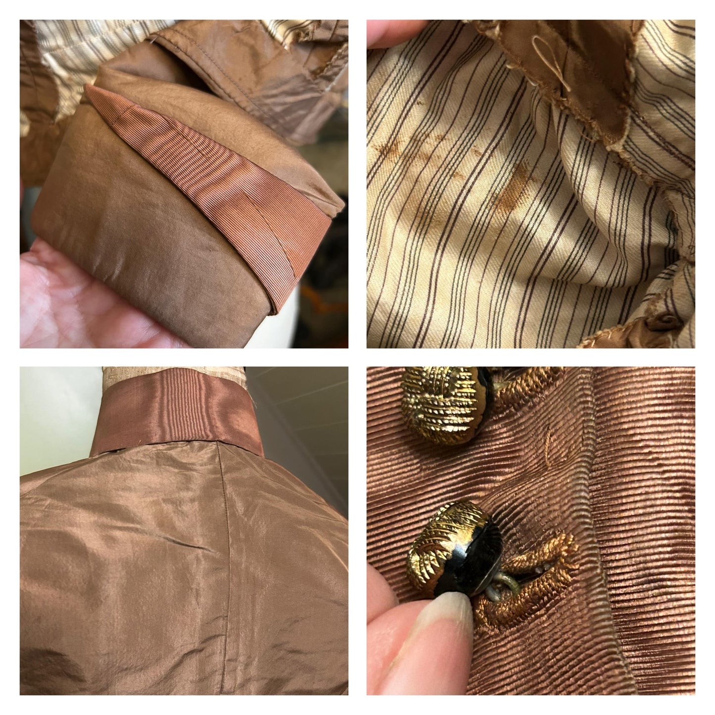 4 close up pictures of bodice in brown moire silk, profile of buttons, lining pattern, silk detail - Splendid Vintage World