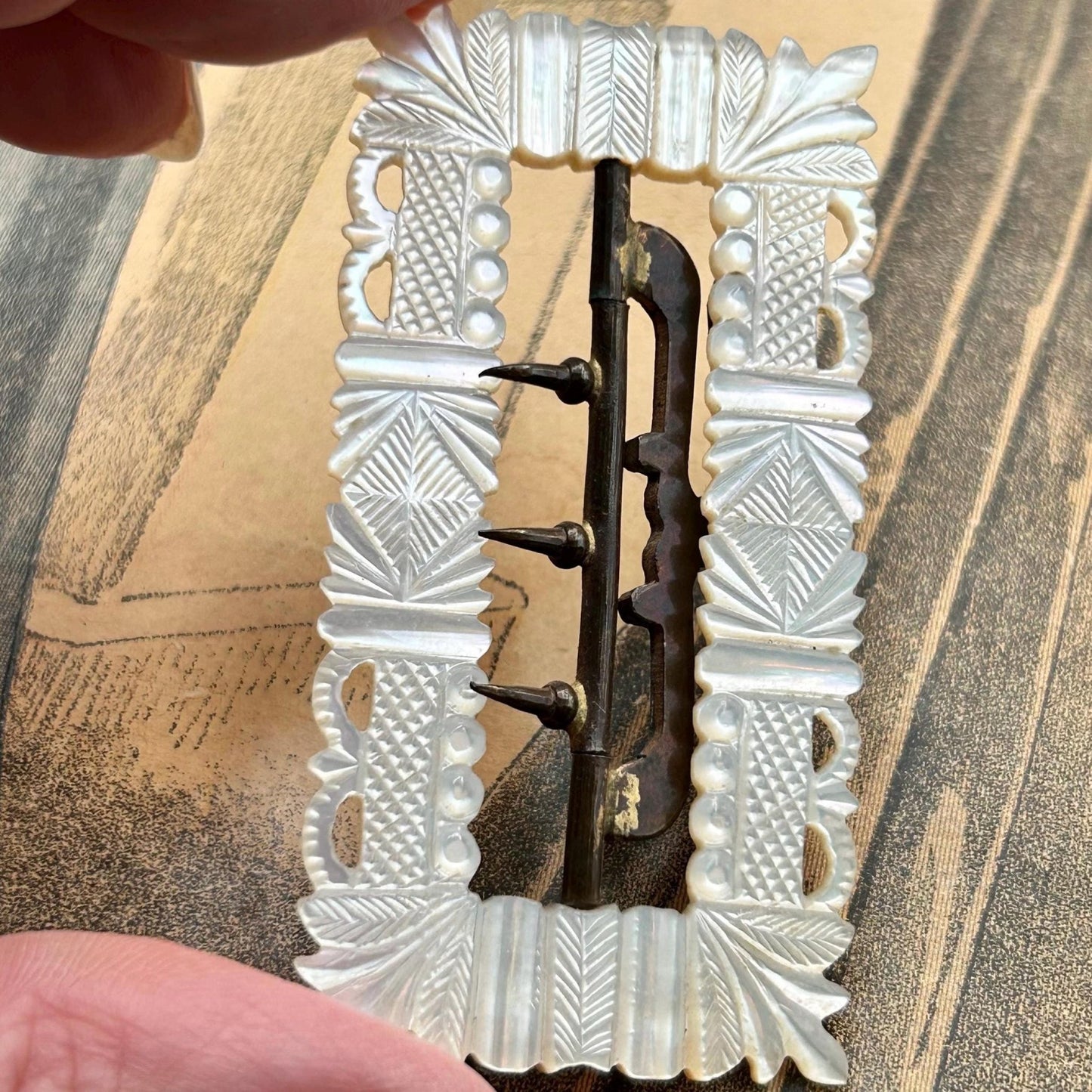 Antique Mother of Pearl Buckle featuring Carved Crowns, Regency, Georgian Victorian era- Splendid Vintage World