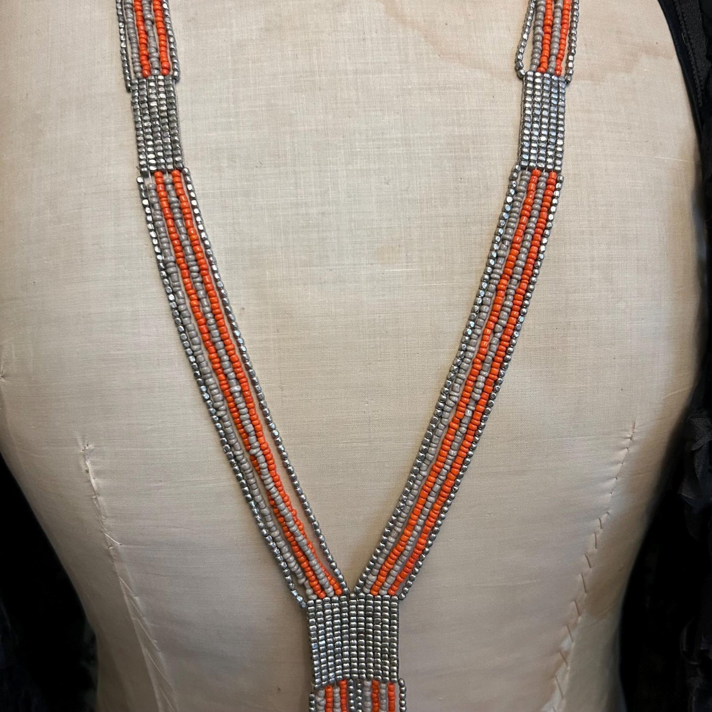 Art Deco Sautoir Necklace: Silver Metal & Orange Glass Beads