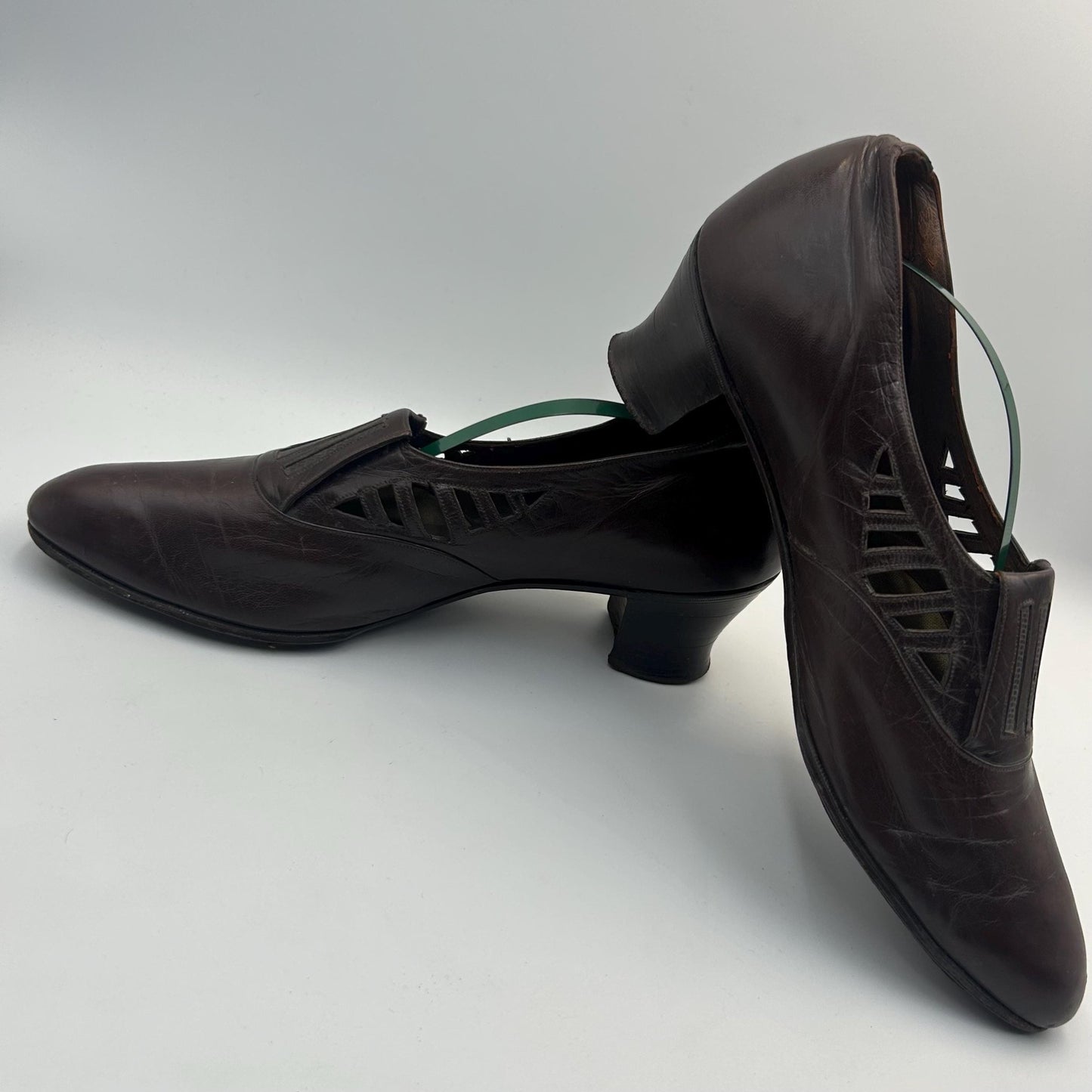 Edwardian 1910s brown Leather Shoes with Cut out Design & faux lizard inserts by J. Jacques