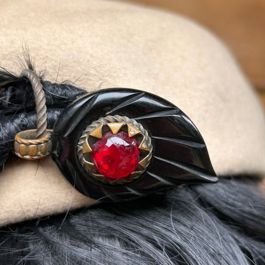 Vintage 1930s Wool Beret with Feather & Bakelite Adornment - Glenover Henry Pollak