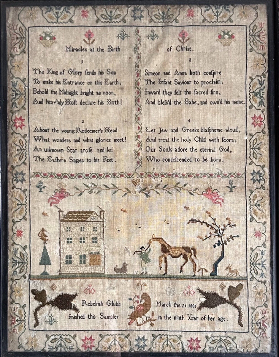 Antique Sampler featuring a house, 4 verse, motifs within floral borders against white background - Splendid Vintage World