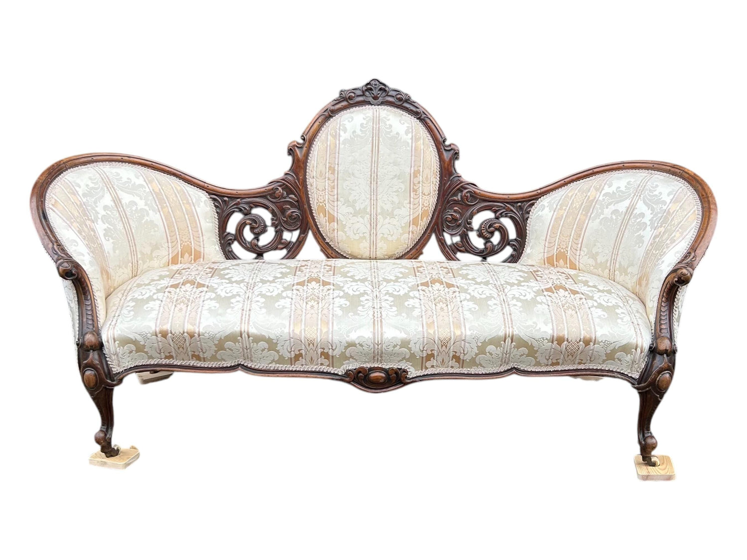 decorative antiques walnut cameo back chaise with light floral upholstery against white background - Splendid Vintage World
