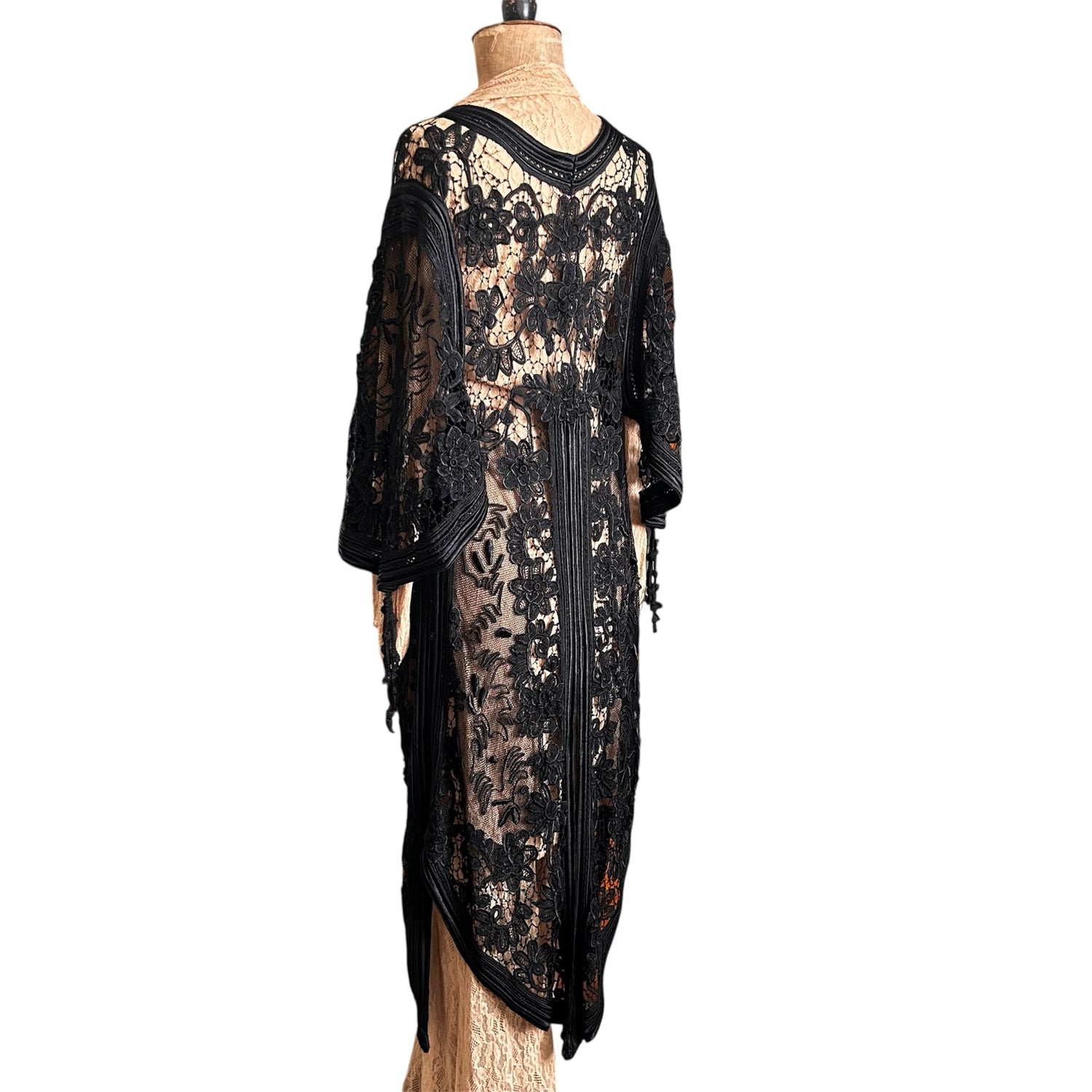 victorian black floral lace dress on a mannequin with white background - Splendid Vintage World
