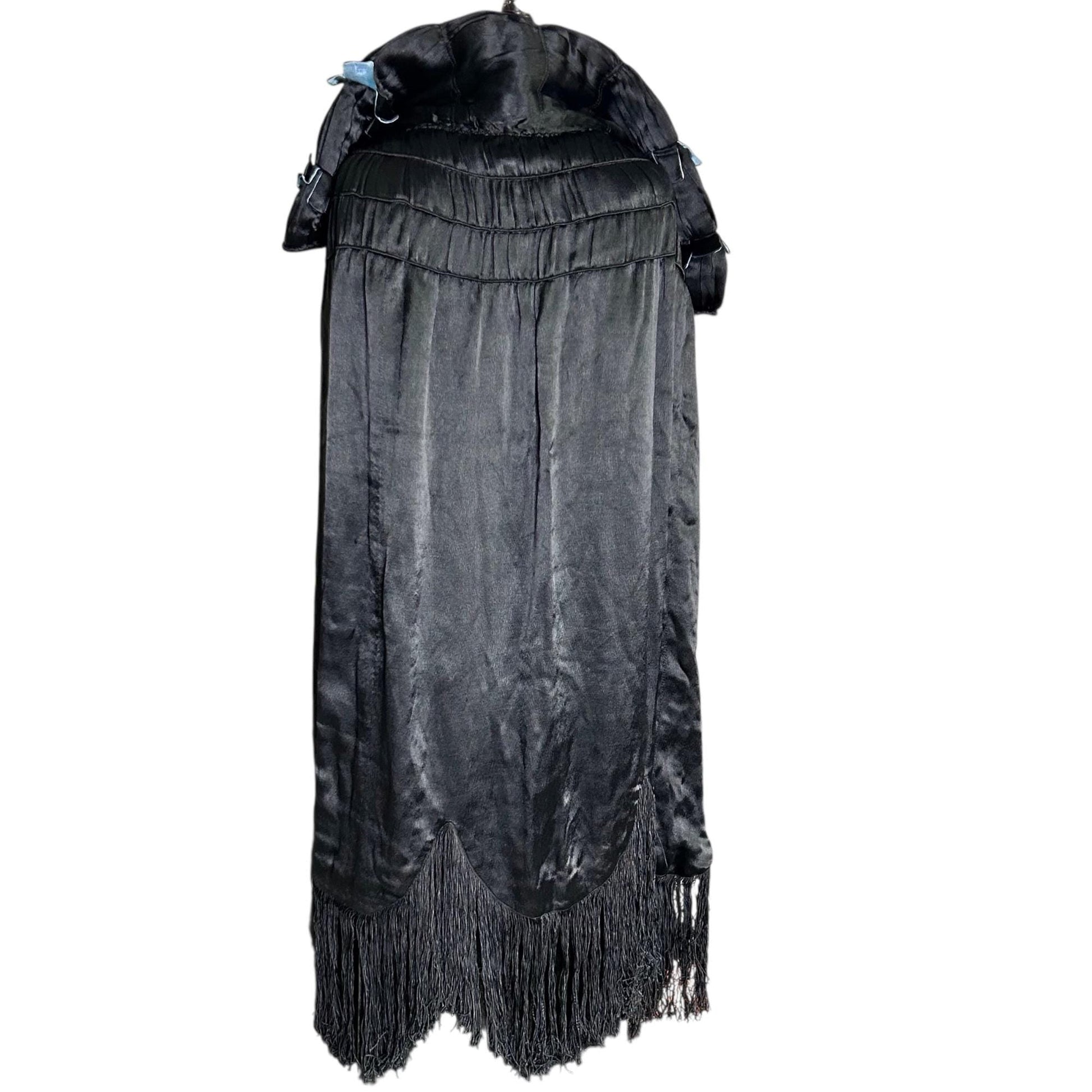 1920s 1930s Black cape with padded feature collar, silk fringe on mannequin on white backdrop - Splendid Vintage World