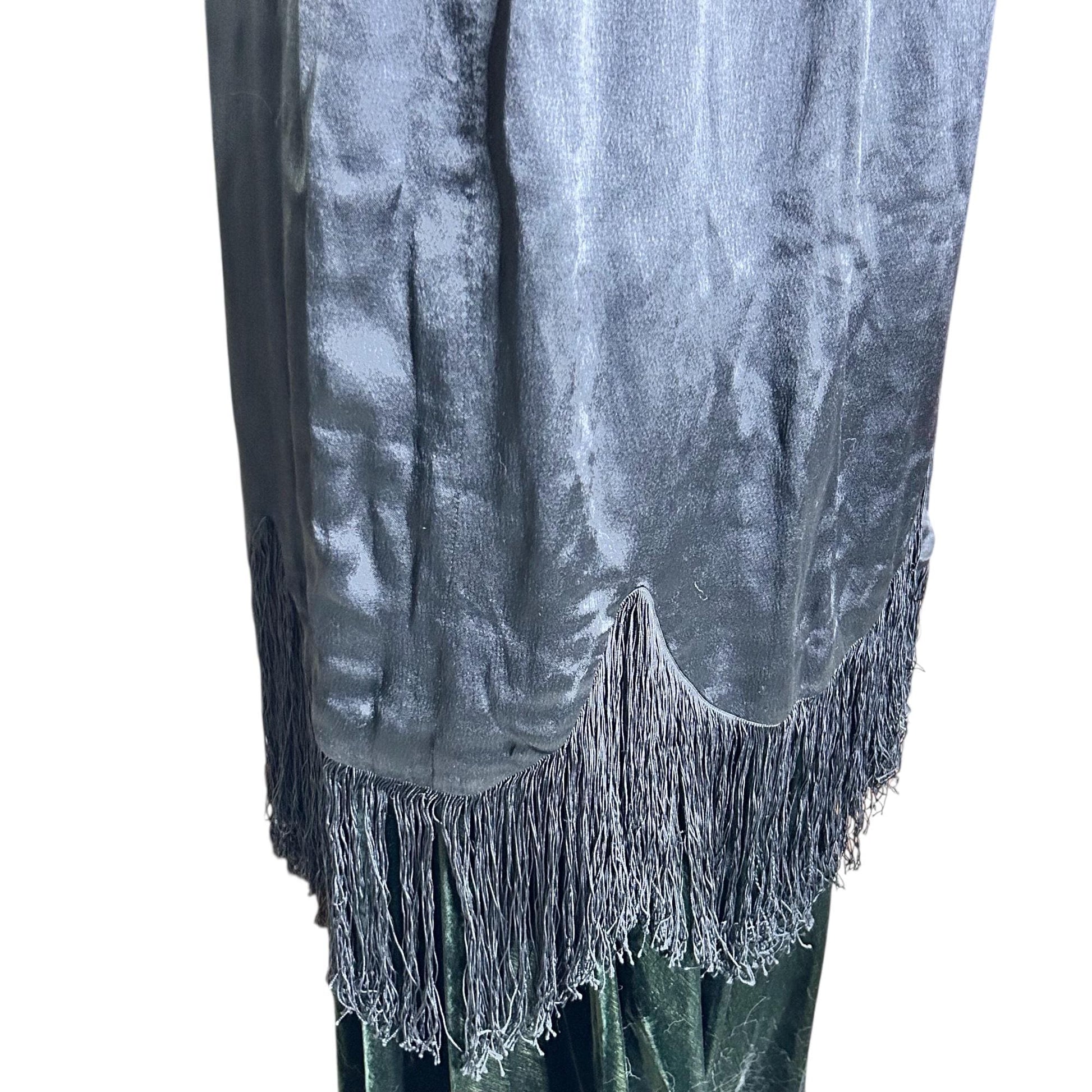 1920s 1930s Black cape with scalloped hen & deep silk fringe on white backdrop  - Splendid Vintage World