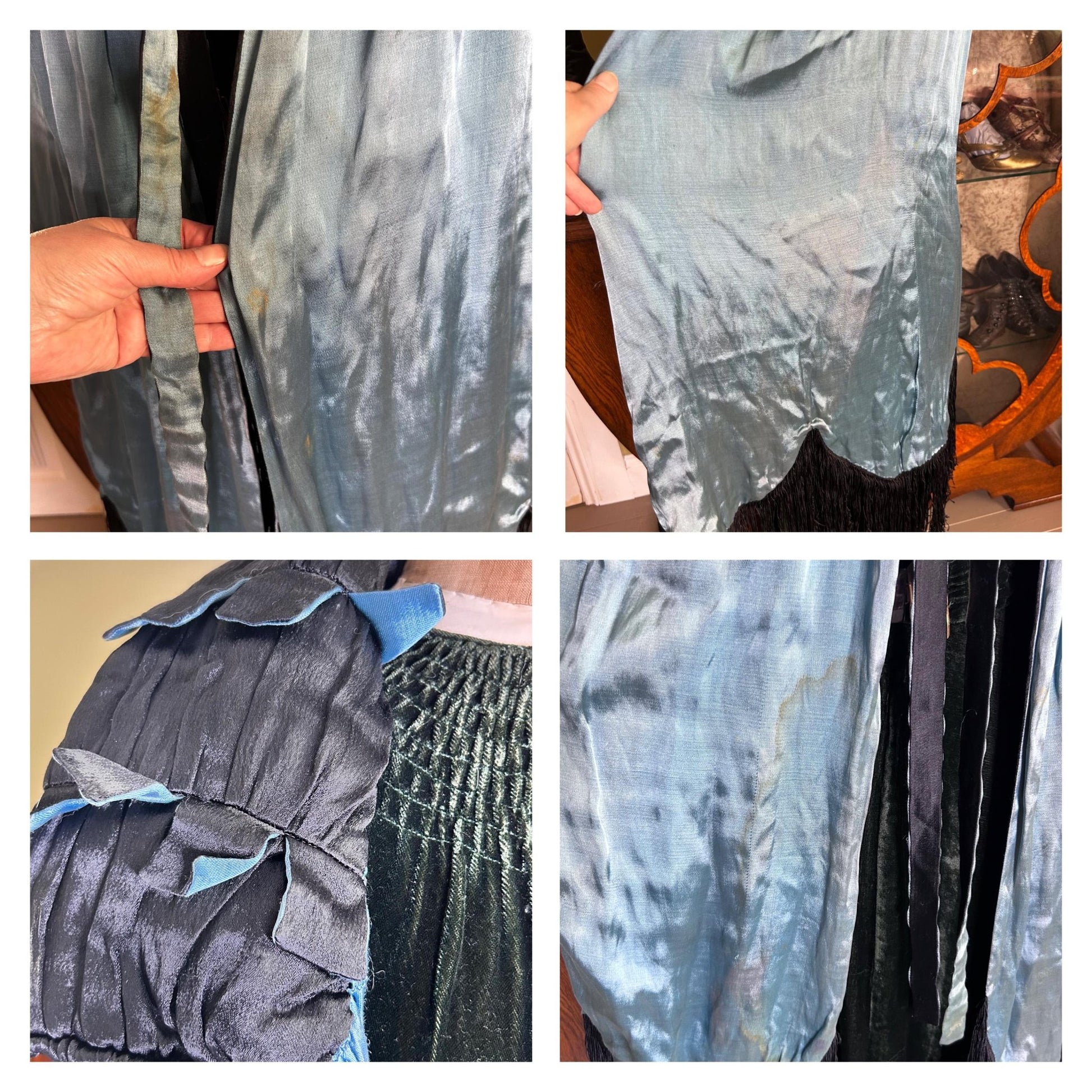 1920s 1930s 4 Black & Blue cape lining fault photos in room setting - Splendid Vintage World