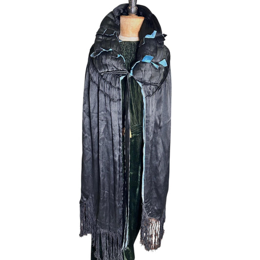 1920s 30s Black & Blue cape with padded feature collar, silk fringe on mannequin on white background - Splendid Vintage World