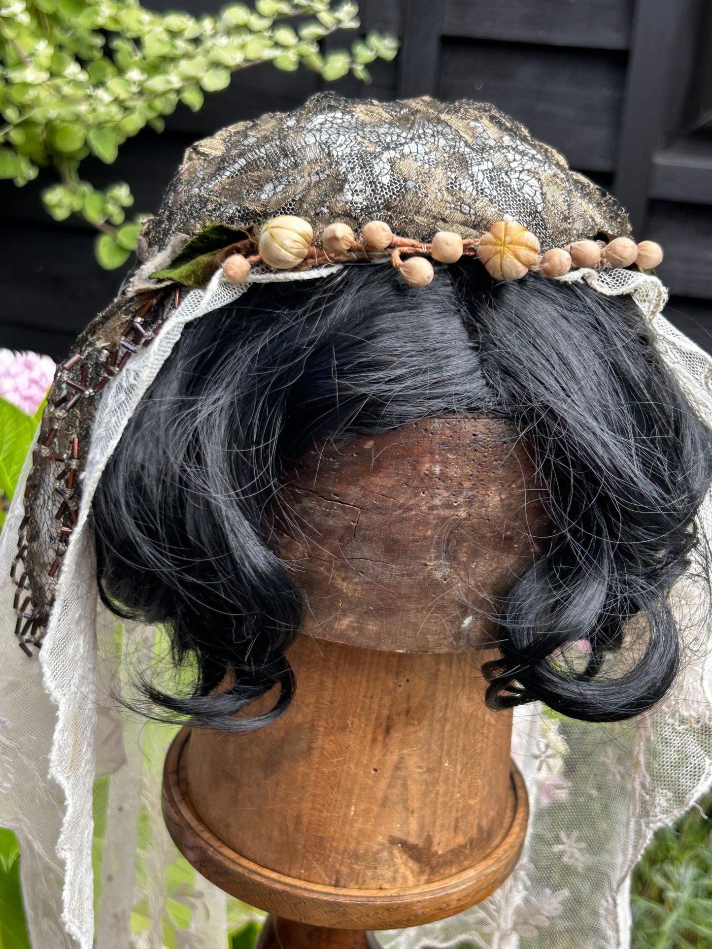 1910s 1920s art deco Gold Metallic Lace Bridal Juliet Cap with Velvet Leaves silk buds beaded edges & embroidered tulle veil
