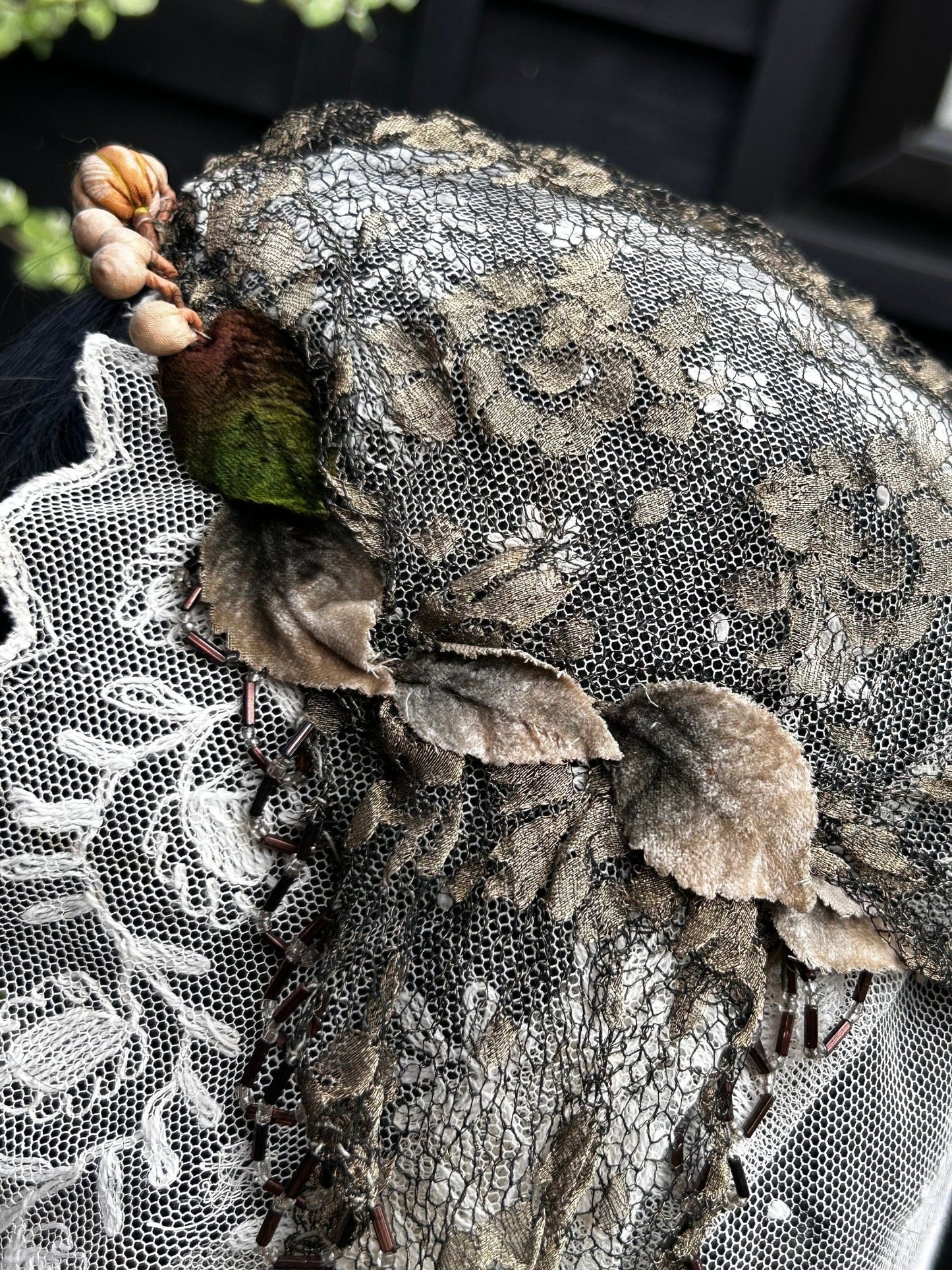1910s 1920s art deco Gold Metallic Lace Bridal Juliet Cap with Velvet Leaves silk buds beaded edges & embroidered tulle veil
