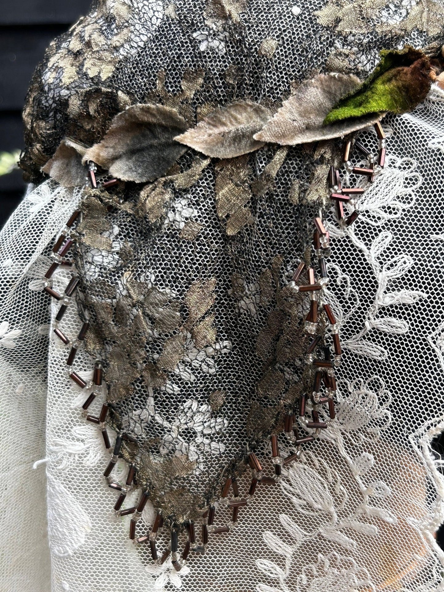 1910s 1920s art deco Gold Metallic Lace Bridal Juliet Cap with Velvet Leaves silk buds beaded edges & embroidered tulle veil