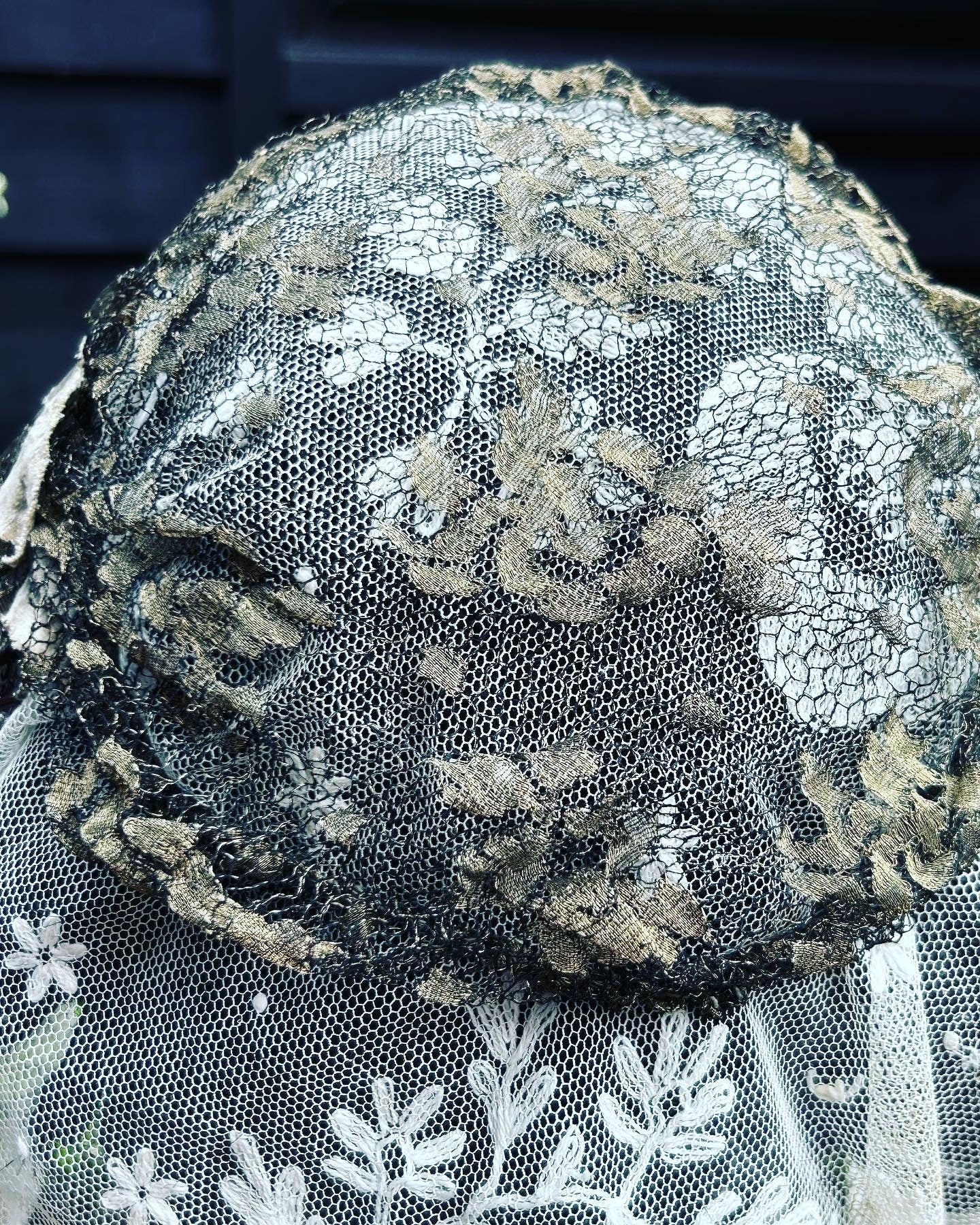 1910s 1920s art deco Gold Metallic Lace Bridal Juliet Cap with Velvet Leaves silk buds beaded edges & embroidered tulle veil