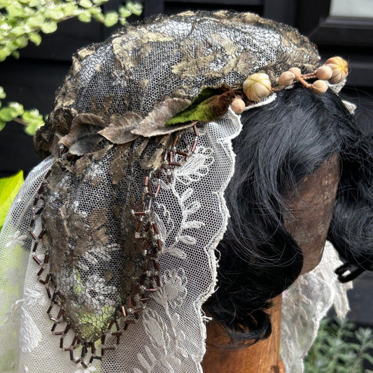 1910s 1920s art deco Gold Metallic Lace Bridal Juliet Cap with Velvet Leaves silk buds beaded edges & embroidered tulle veil