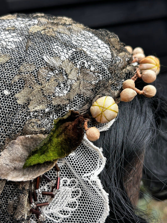 1910s 1920s art deco Gold Metallic Lace Bridal Juliet Cap with Velvet Leaves silk buds beaded edges & embroidered tulle veil