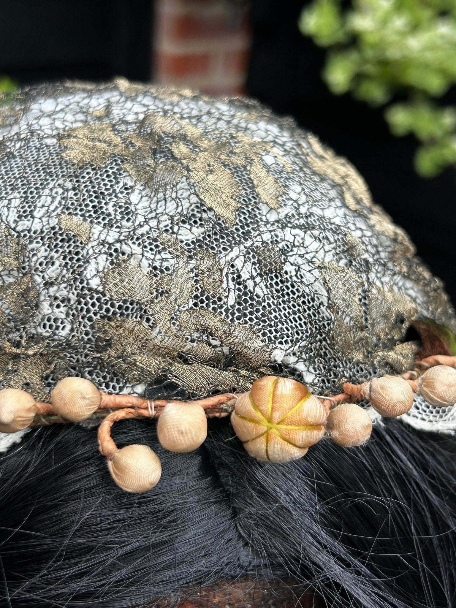 1910s 1920s art deco Gold Metallic Lace Bridal Juliet Cap with Velvet Leaves silk buds beaded edges & embroidered tulle veil