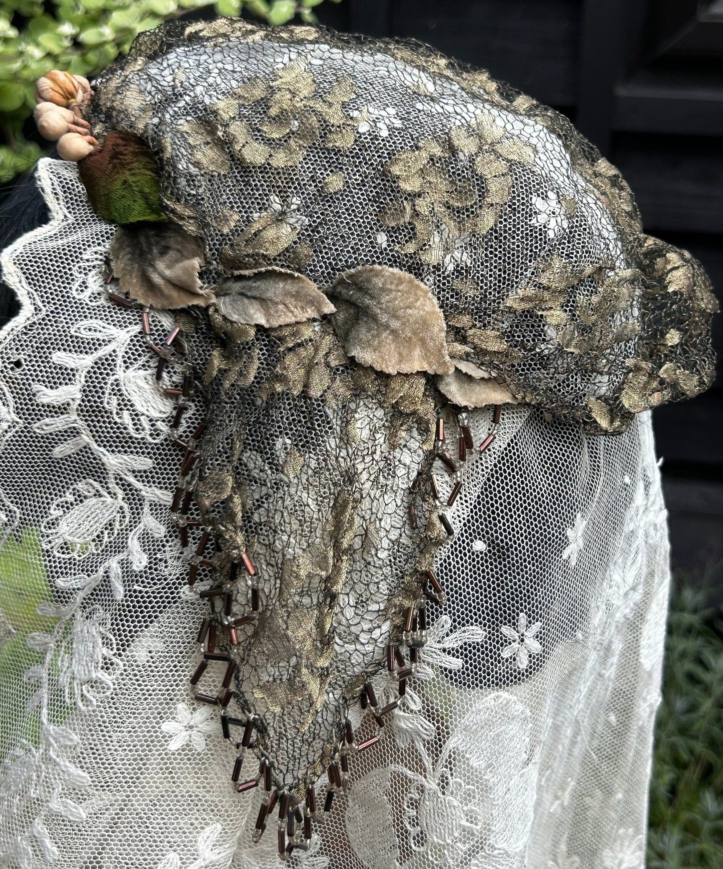 1910s 1920s art deco Gold Metallic Lace Bridal Juliet Cap with Velvet Leaves silk buds beaded edges & embroidered tulle veil
