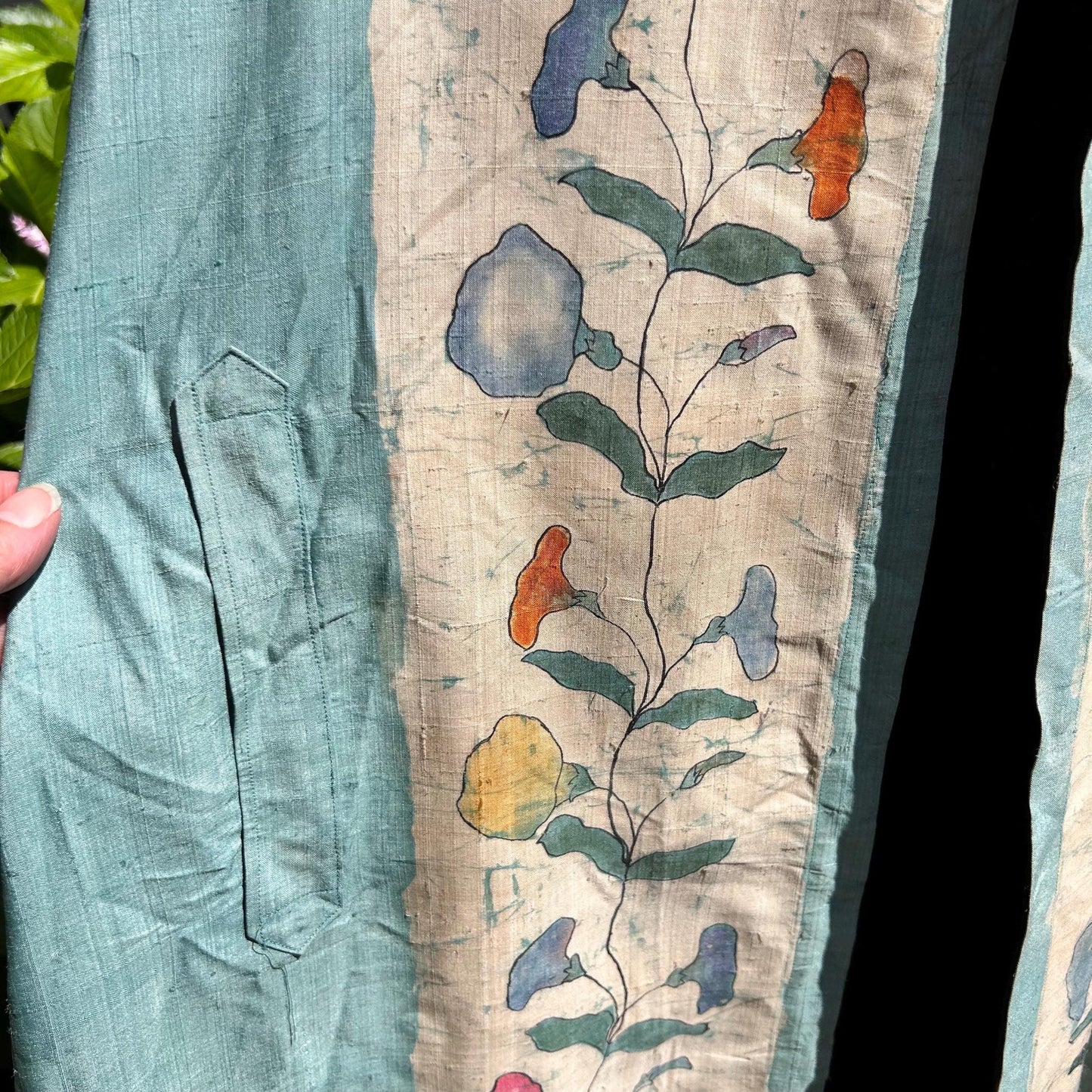 1920s Silk Batik Cape: Pale Blue Floral Vine, Ruched Collar - Splendid Vintage World
