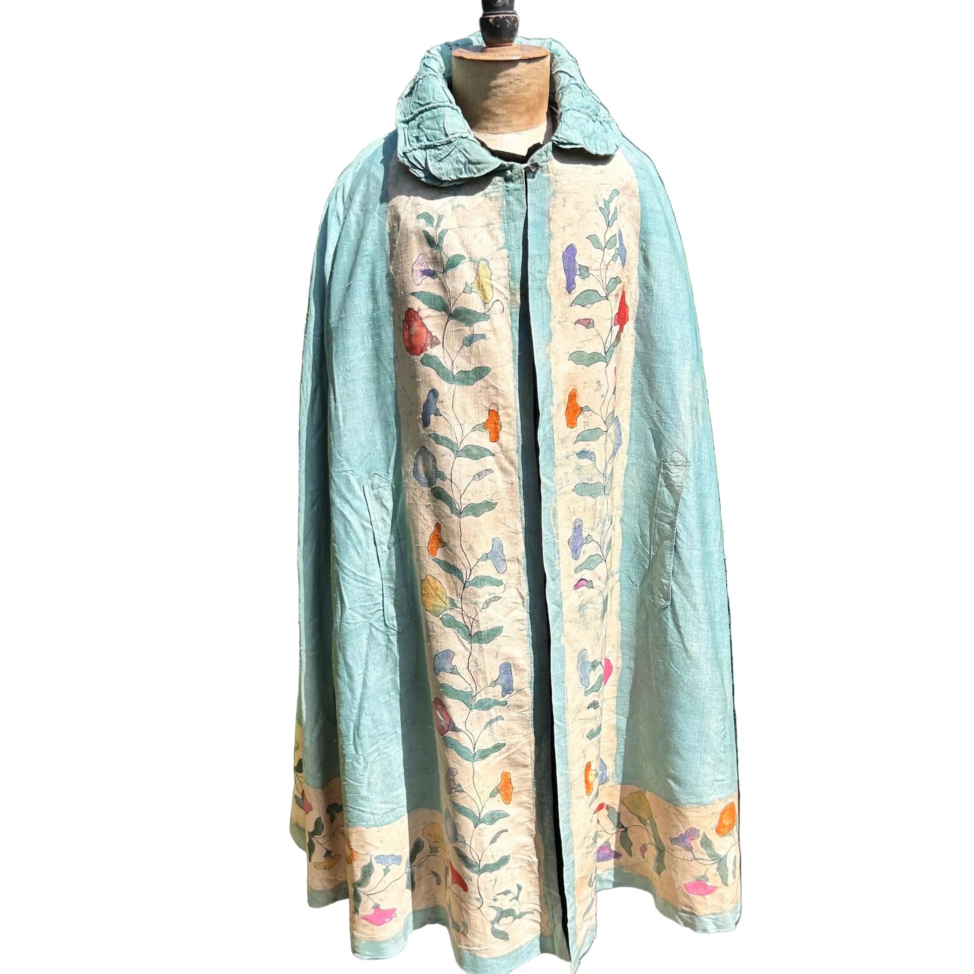 1920s Silk Batik Cape: Pale Blue Floral Vine, Ruched Collar against white background - Splendid Vintage World
