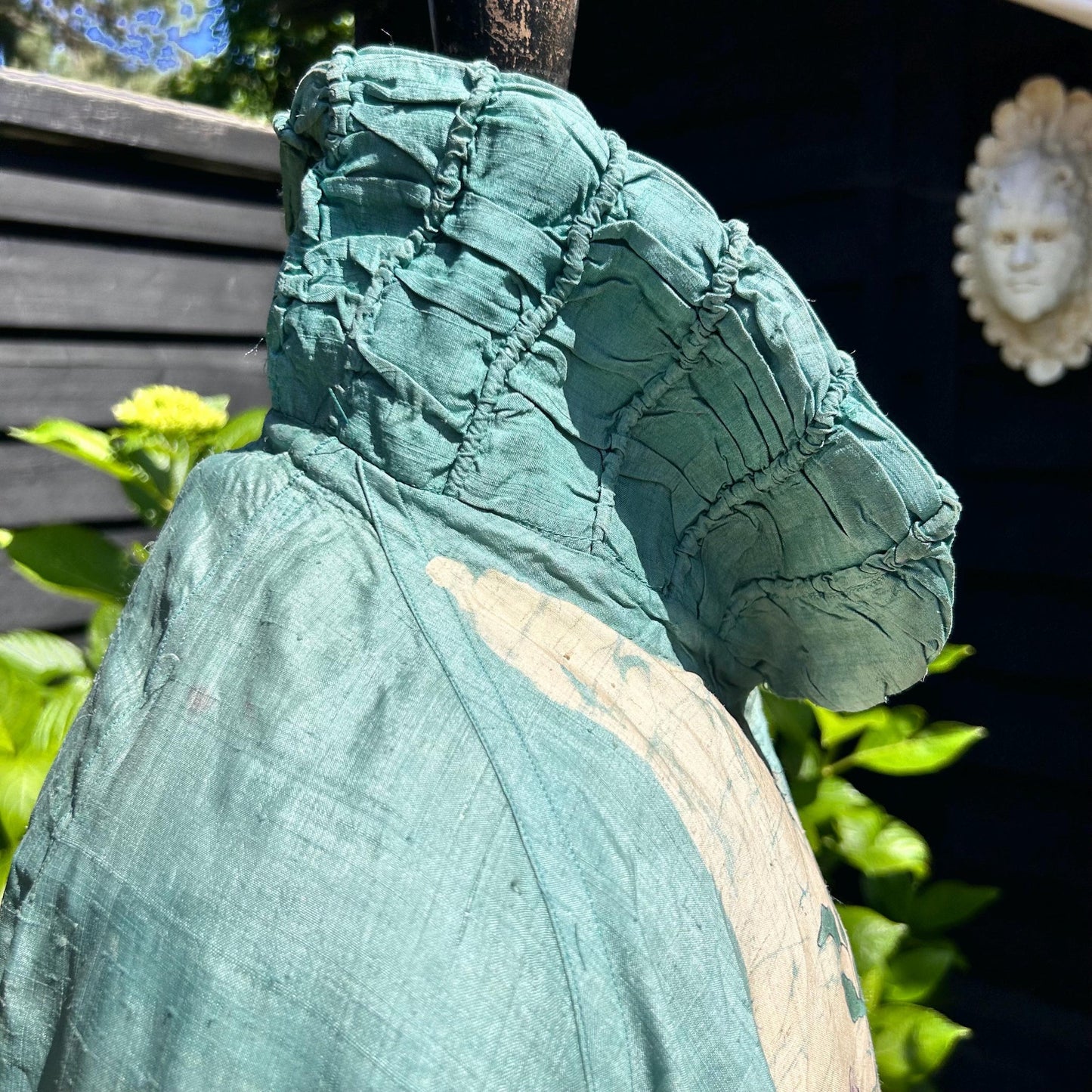 1920s Silk Batik Cape: Pale Blue Floral Vine, Ruched Collar - Splendid Vintage World