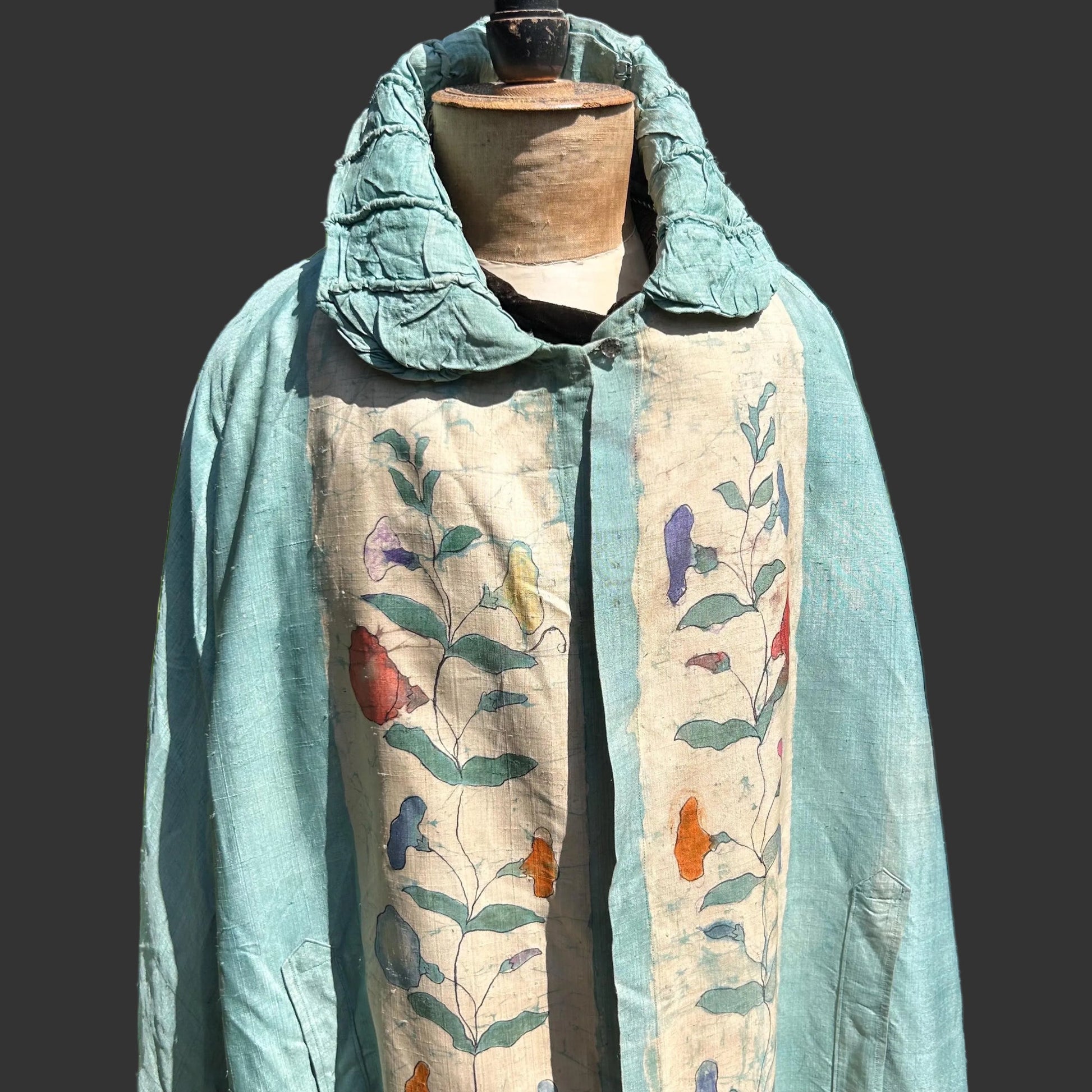 1920s Silk Batik Cape: Pale Blue Floral Vine, Ruched Collar against grey background - Splendid Vintage World
