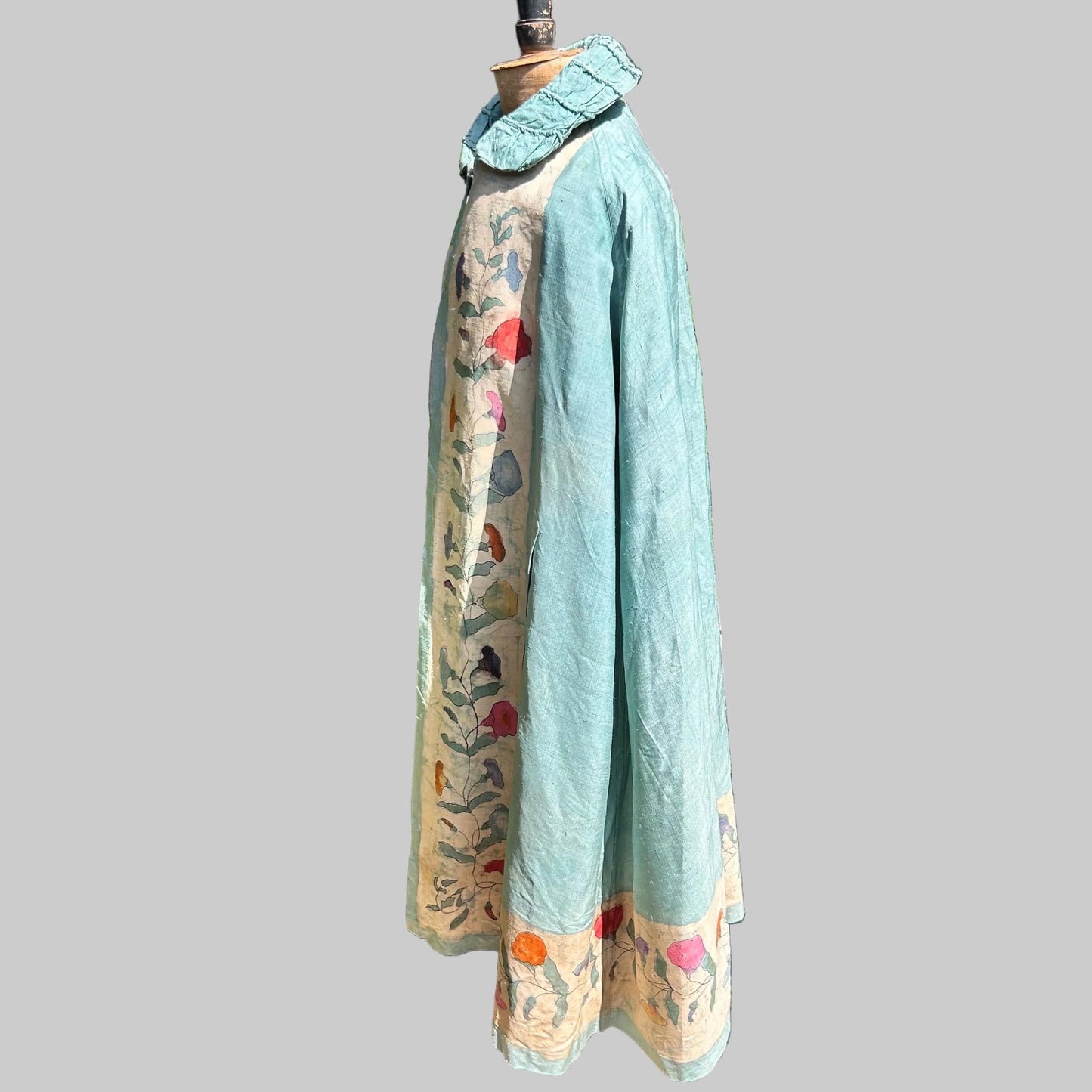 side view 1920s pale blue Silk Batik Cape  Floral Vine border, Ruched Collar on white background - Splendid Vintage World