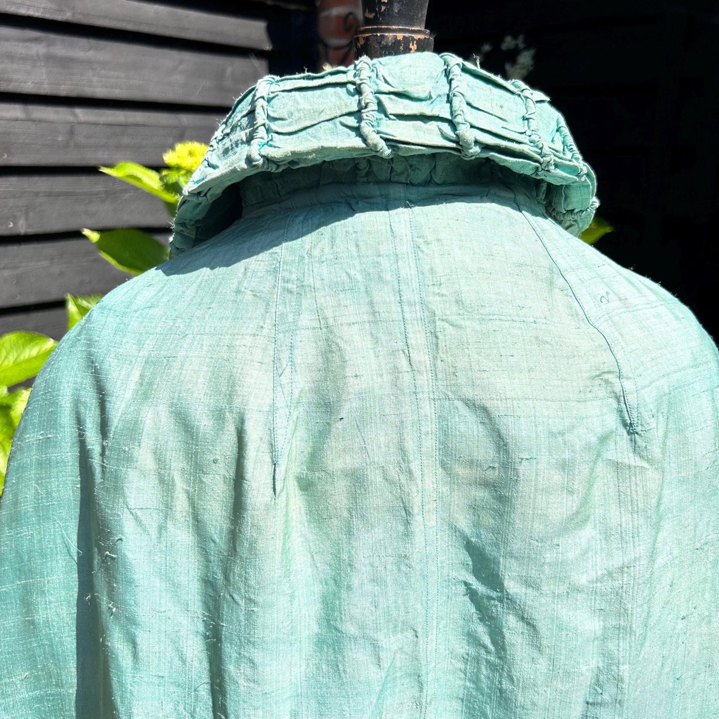 1920s Silk Batik Cape Pale Blue Floral Vine, Ruched Collar dark backdrop - Splendid Vintage World