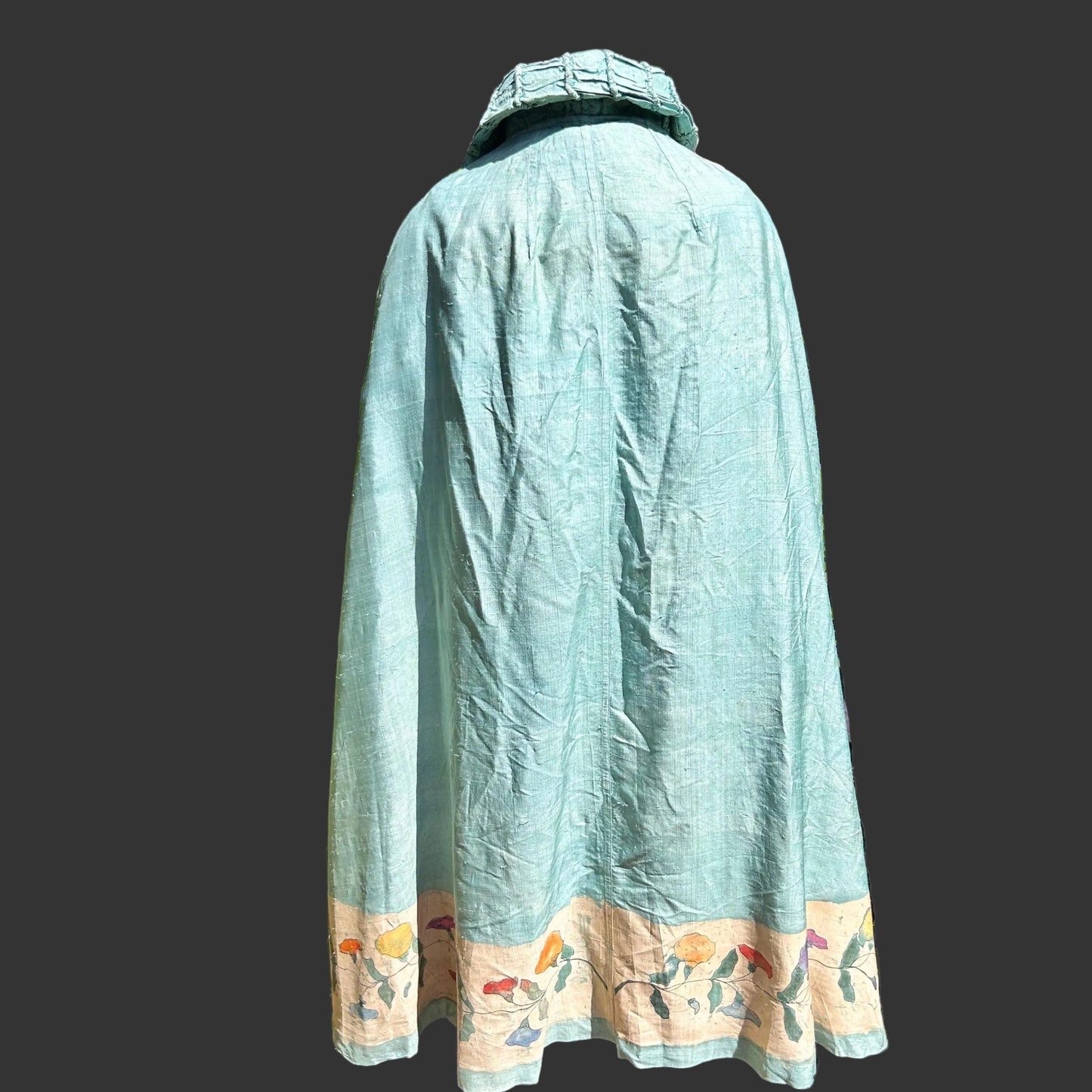 1920s Silk Batik Cape Pale Blue Floral Vine border above hem on grey background, Ruched Collar - Splendid Vintage World