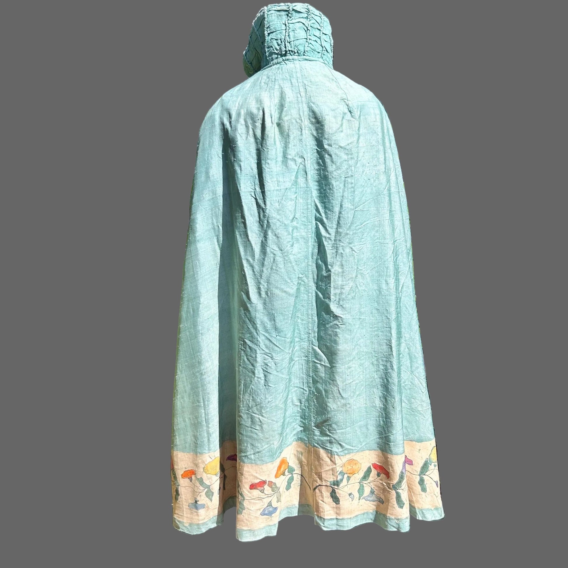 1920s pale blue Silk Batik Cape with Floral Vine border & Ruched Collar standing up on grey backdrop - Splendid Vintage World