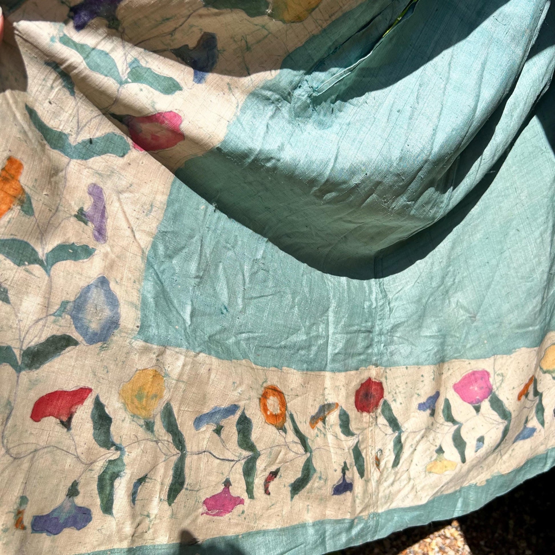 1920s Silk Batik Cape: Pale Blue Floral Vine, Ruched Collar - Splendid Vintage World