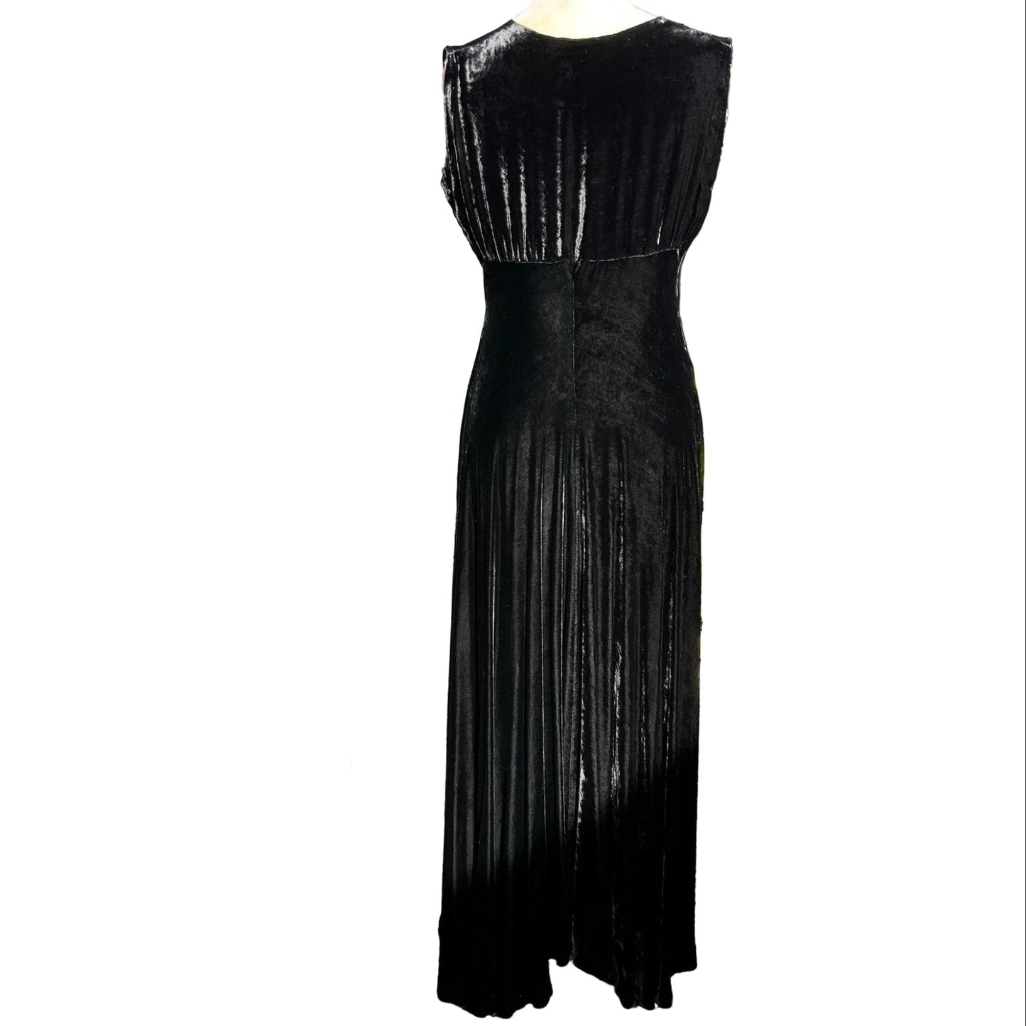 back view of 1930s long black velvet bias cut evening dress sleeveless on white background- Splendid Vintage World
