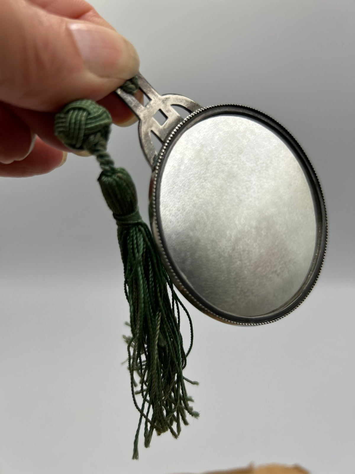 1931 Sterling silver guilloche enamel purse mirror in green sunburst with tassel - Splendid Vintage World
