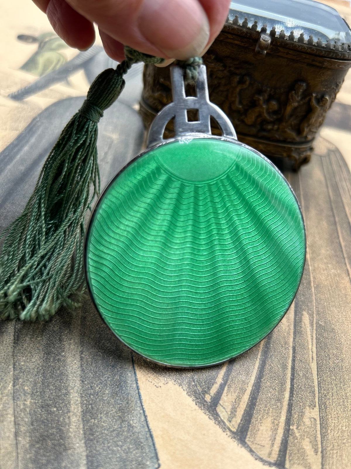 1931 Sterling silver guilloche enamel purse mirror in green sunburst with tassel - Splendid Vintage World