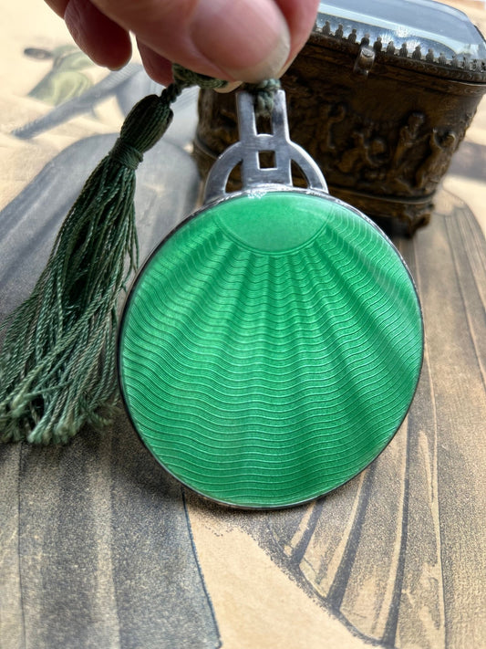 1931 Sterling silver guilloche enamel purse mirror in green sunburst with tassel - Splendid Vintage World