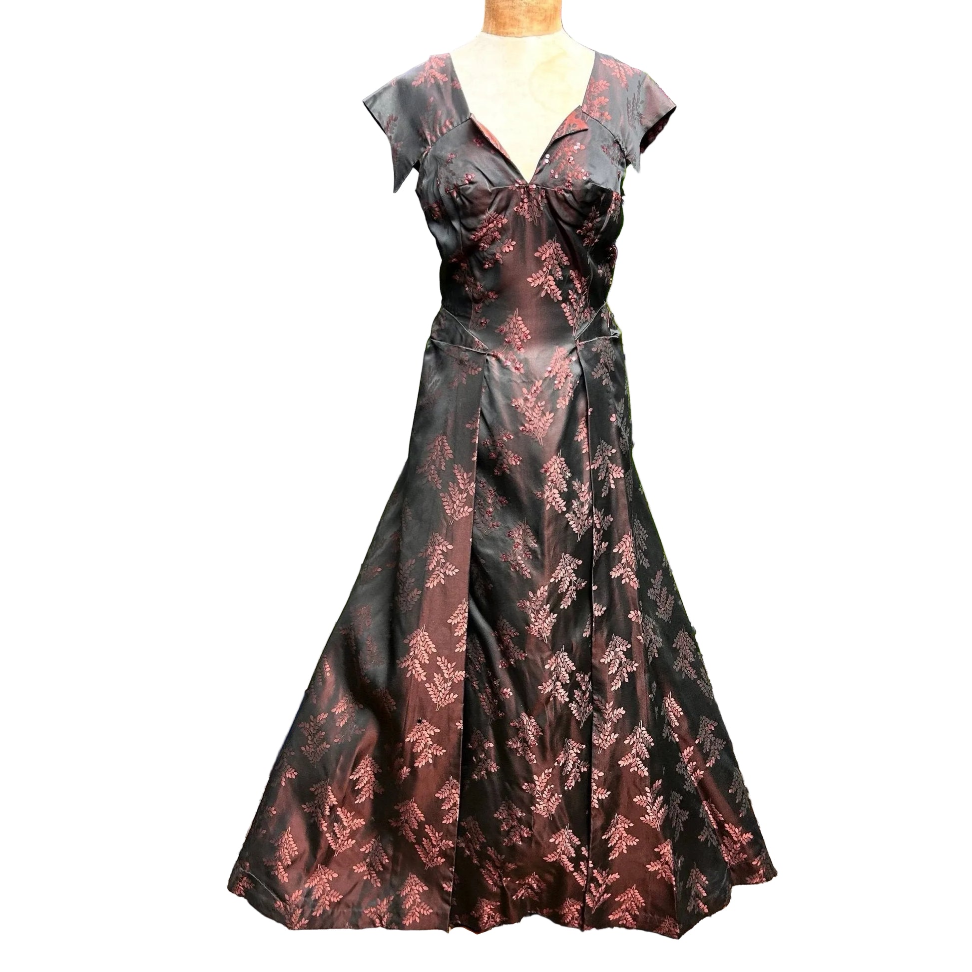 long formal dress in black & pink floral damask on a mannequin on white background- Splendid Vintage World