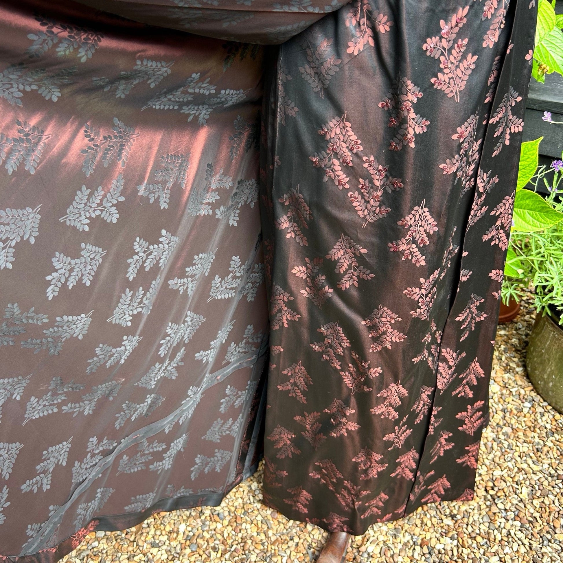 1950s long dress skirt in black & pink floral damask in garden setting - Splendid Vintage World