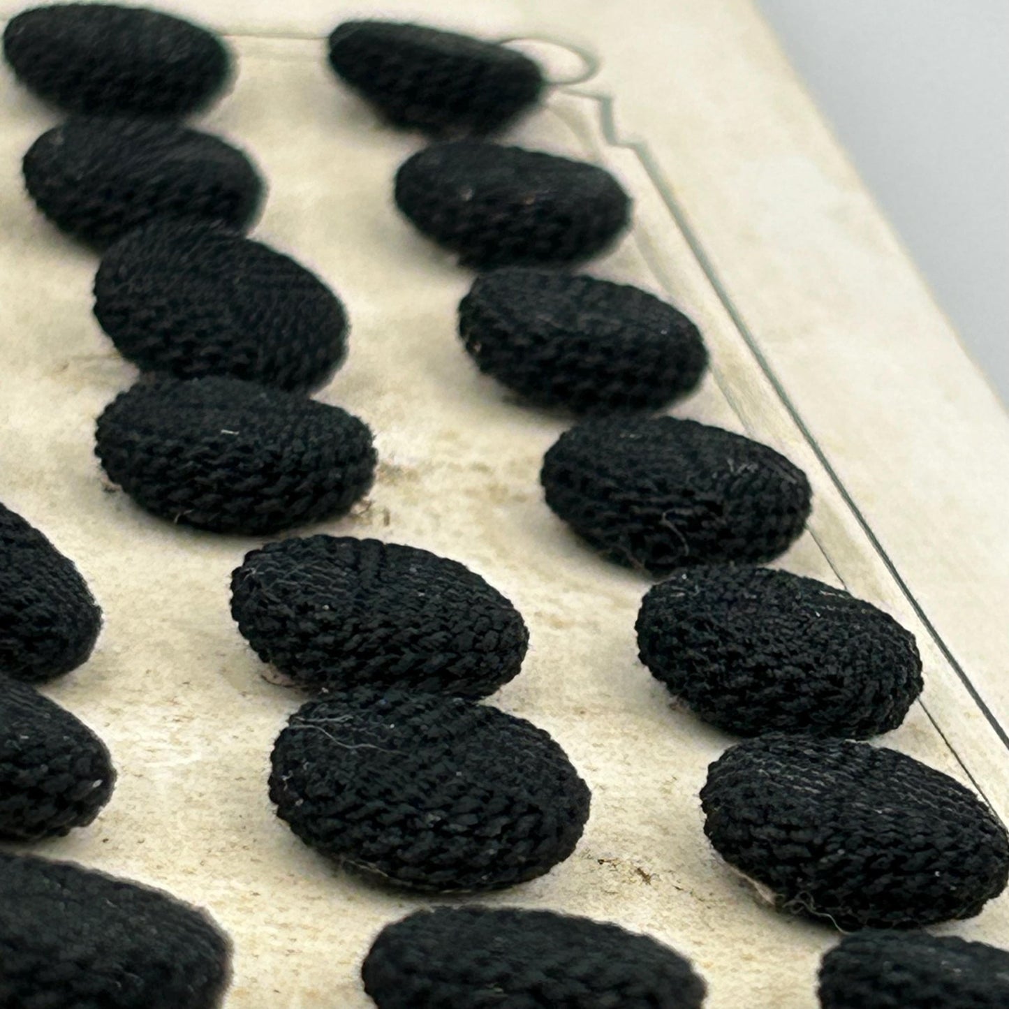 26 Antique French Black Textile Buttons 12 mm, diameter Metal Shanks on original card - Splendid Vintage World