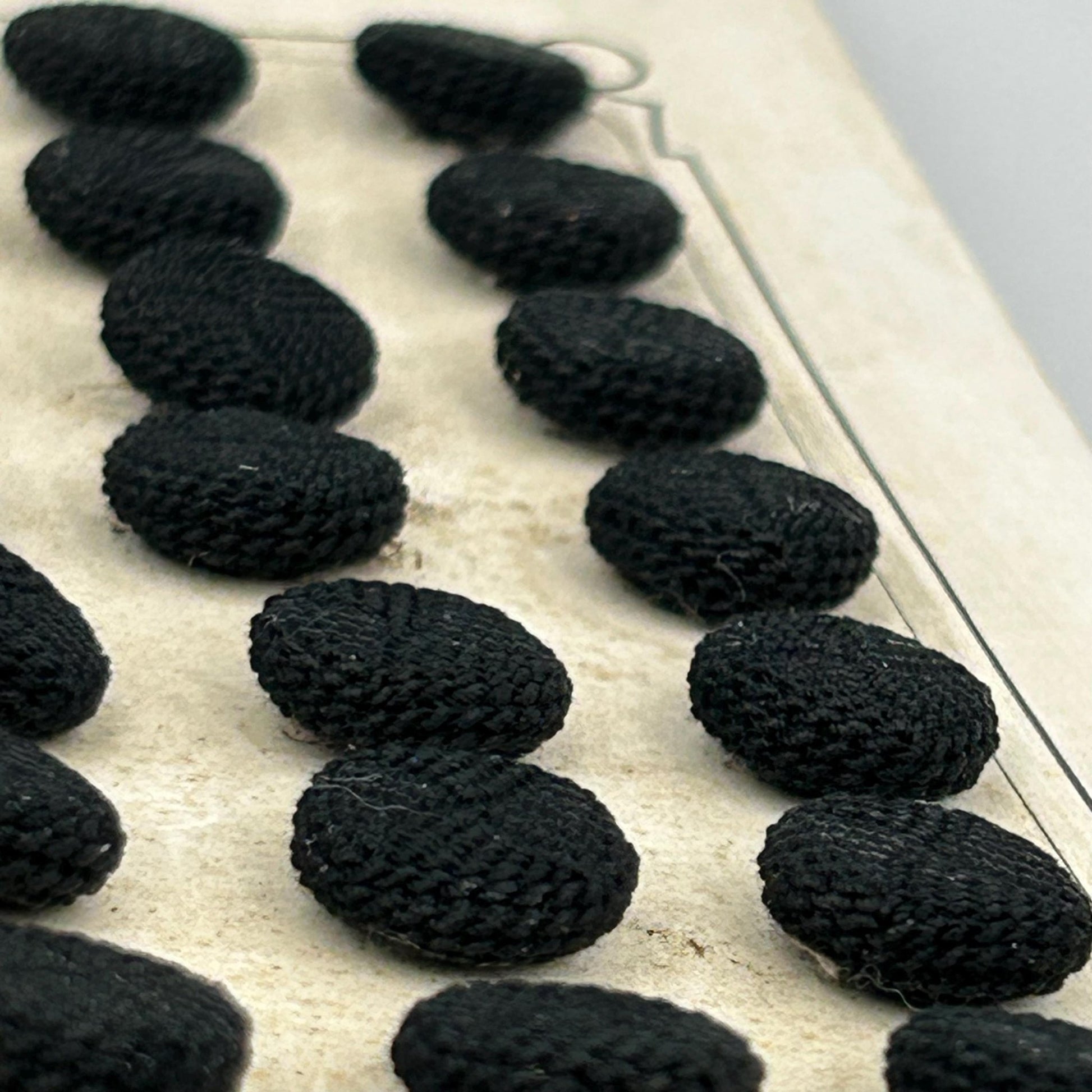 26 Antique French Black Textile Buttons 12 mm, diameter Metal Shanks on original card - Splendid Vintage World