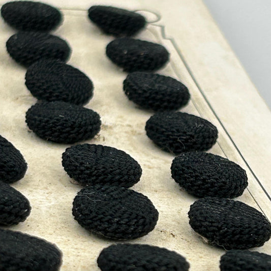 26 Antique French Black Textile Buttons 12 mm, diameter Metal Shanks on original card - Splendid Vintage World