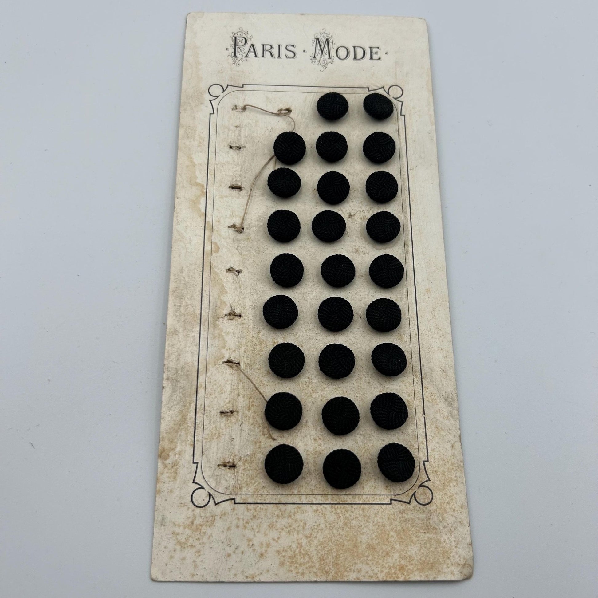 26 Antique French Black Textile Buttons 12 mm diameter Metal Shanks on original card - Splendid Vintage World