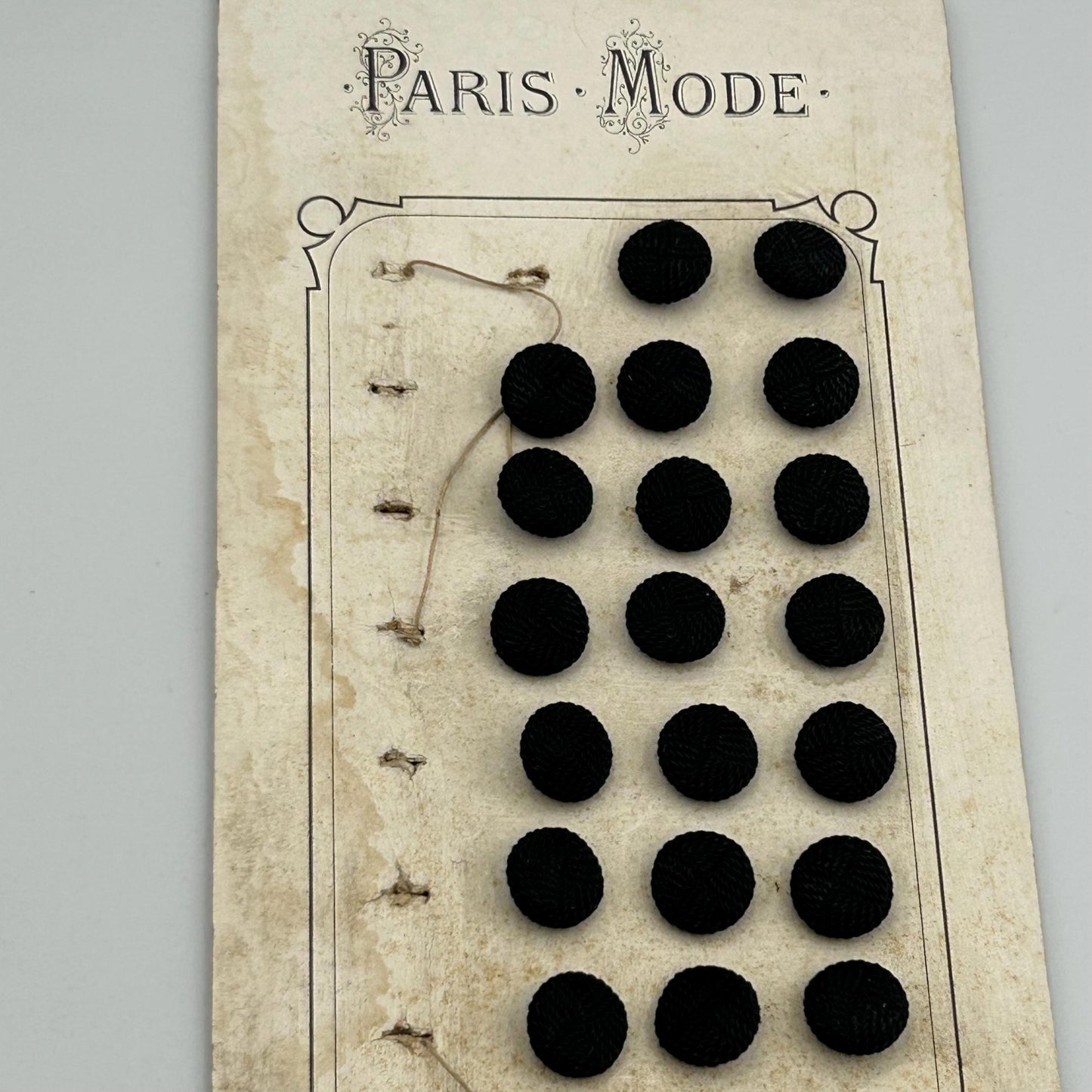 26 Antique French Black Textile Buttons 12 mm diameter, Metal Shanks on original card - Splendid Vintage World