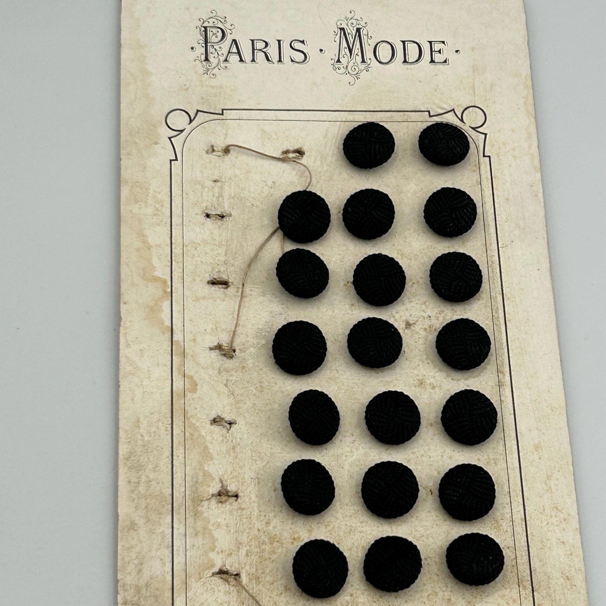 26 Antique French Black Textile Buttons 12 mm diameter, Metal Shanks on original card - Splendid Vintage World