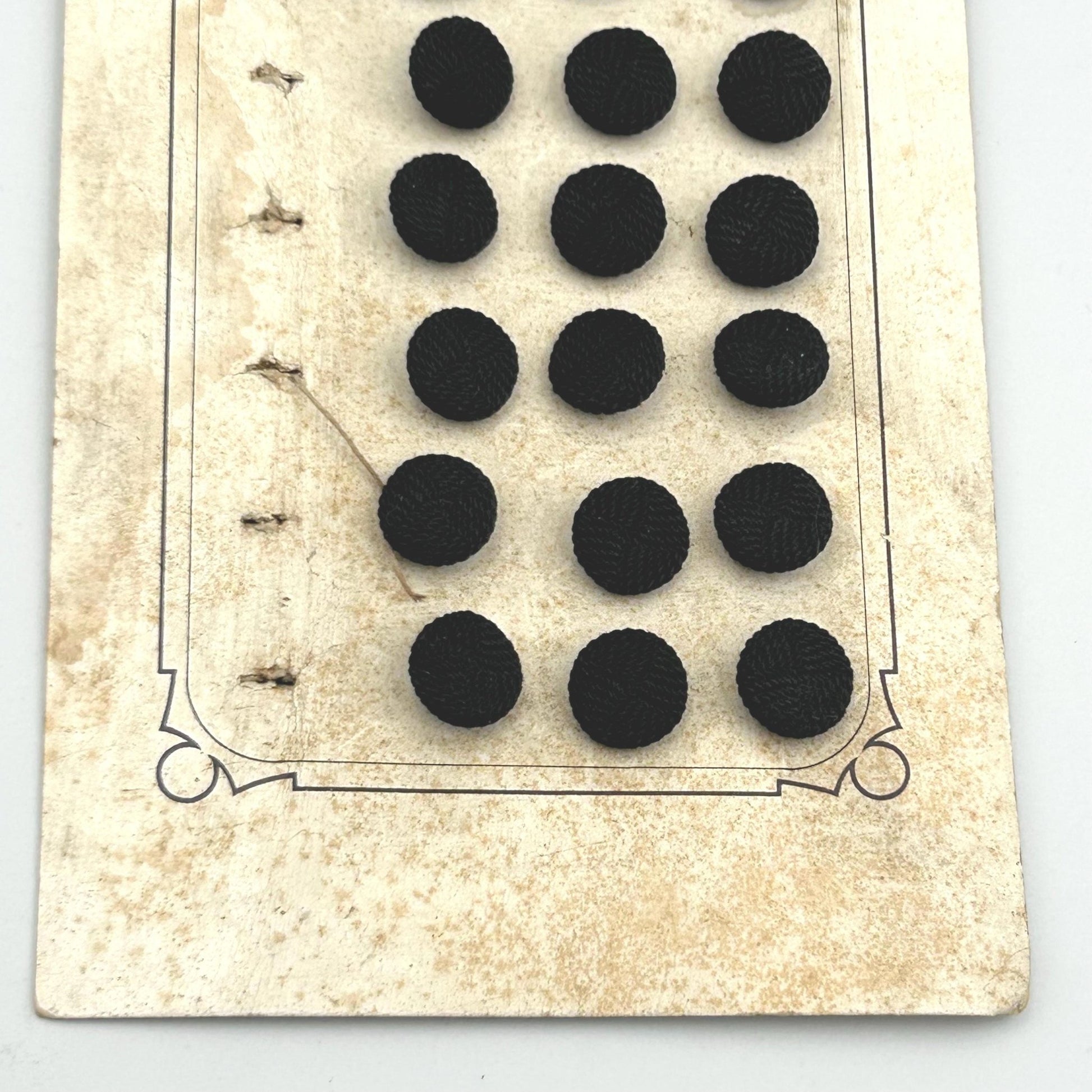 26 Antique French Black Textile Buttons 12 mm diameter Metal Shanks on original card - Splendid Vintage World