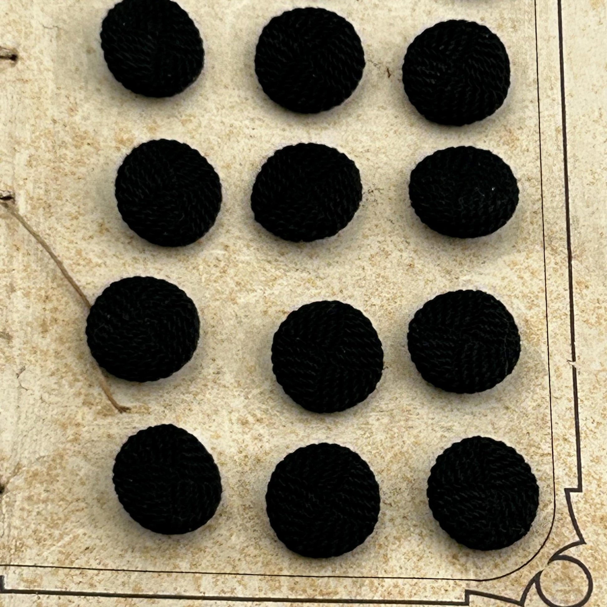 26 Antique French Black Textile Buttons 12 mm diameter Metal Shanks on original card - Splendid Vintage World