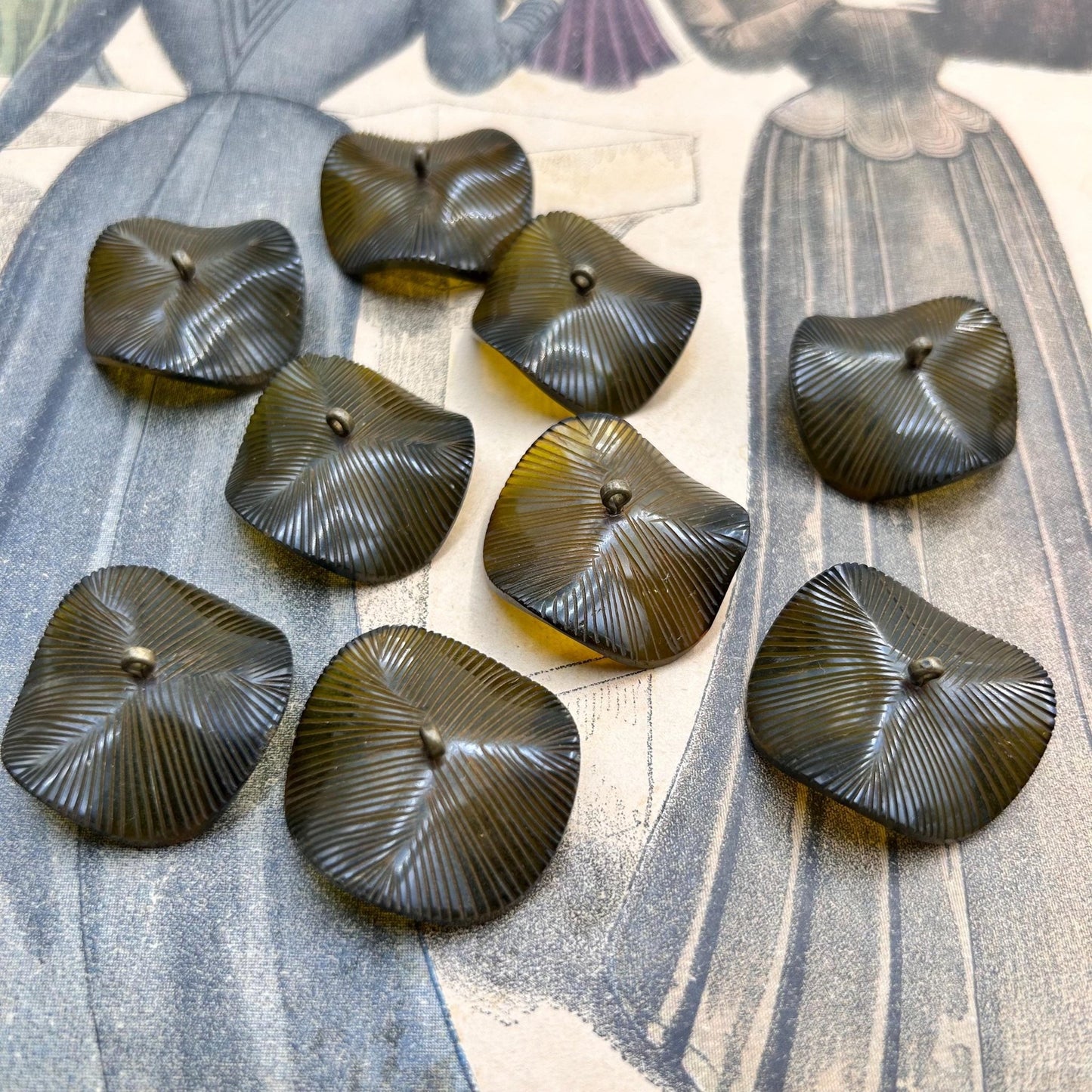 9 vintage buttons 32 mm wide, carved buttons dark olive green with brass loops - Splendid Vintage World