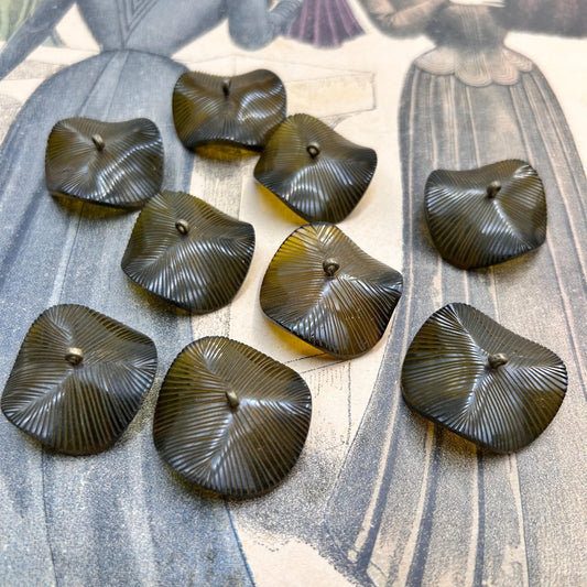 9 vintage buttons 32 mm wide, carved buttons dark olive green with brass loops - Splendid Vintage World