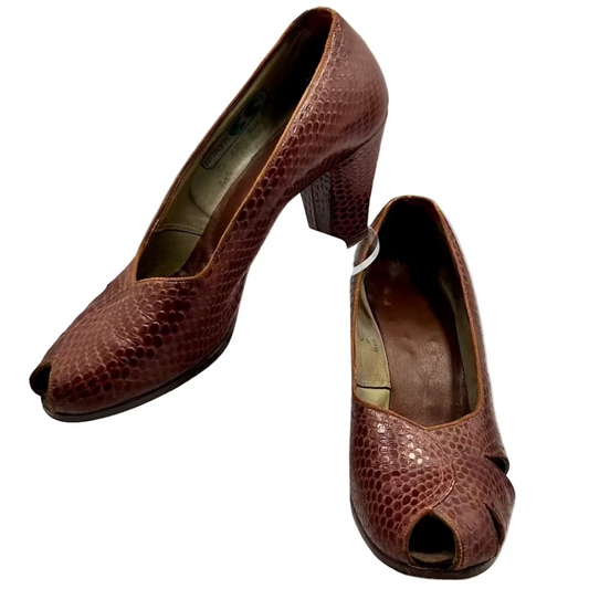 1940s CC41 faux snake skin peep toe shoes