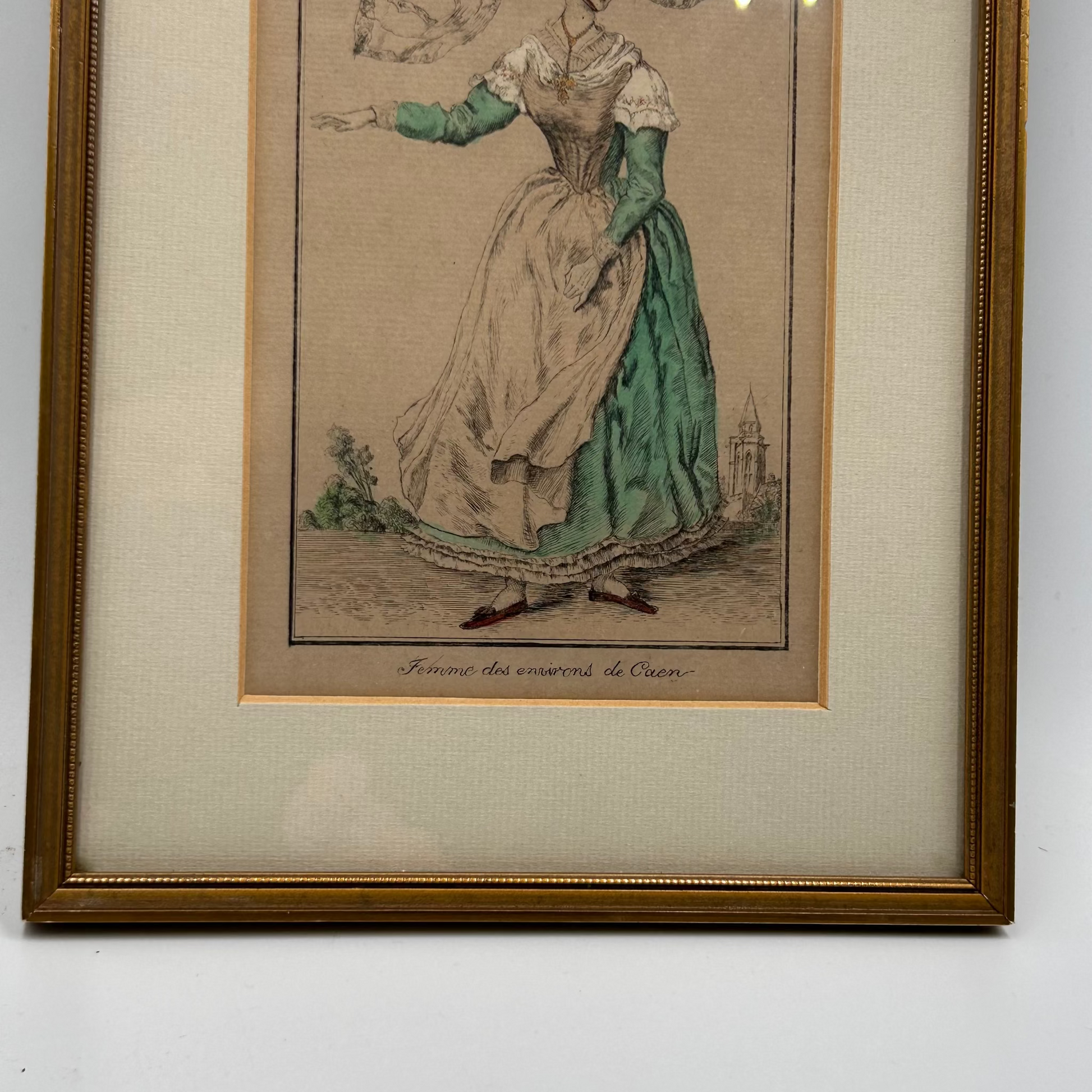Framed print of a woman in normandy  historical dress on a beige background